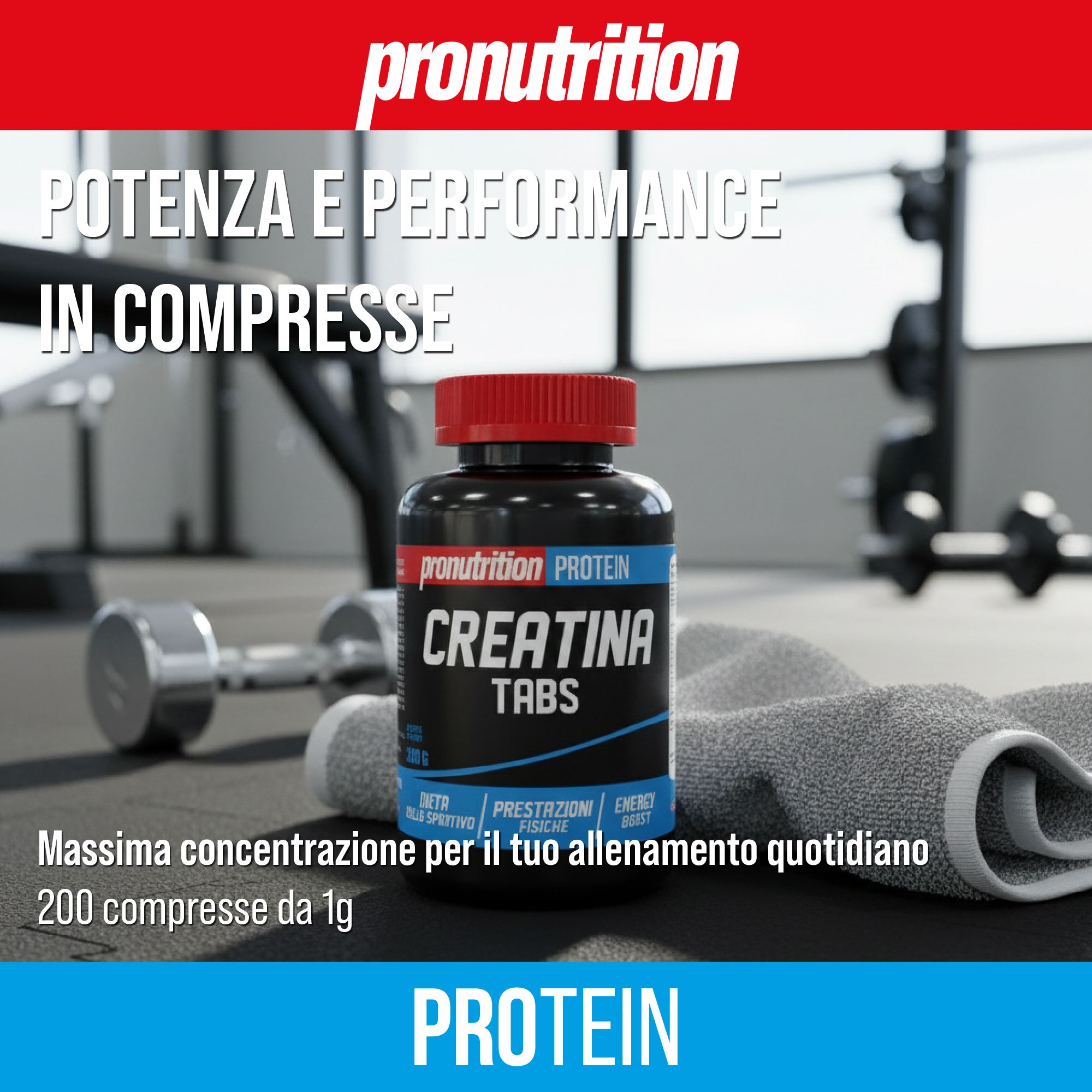 Flacone nero con tappo rosso, Creatina Tabs. Scritta: 200 compresse da 1g. Manubrio e asciugamano sullo sfondo.