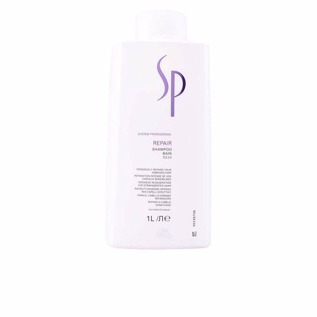 Flacone di shampoo bianco con logo SP viola. Testo: Repair Shampoo, 1L. Flacone con tappo bianco.