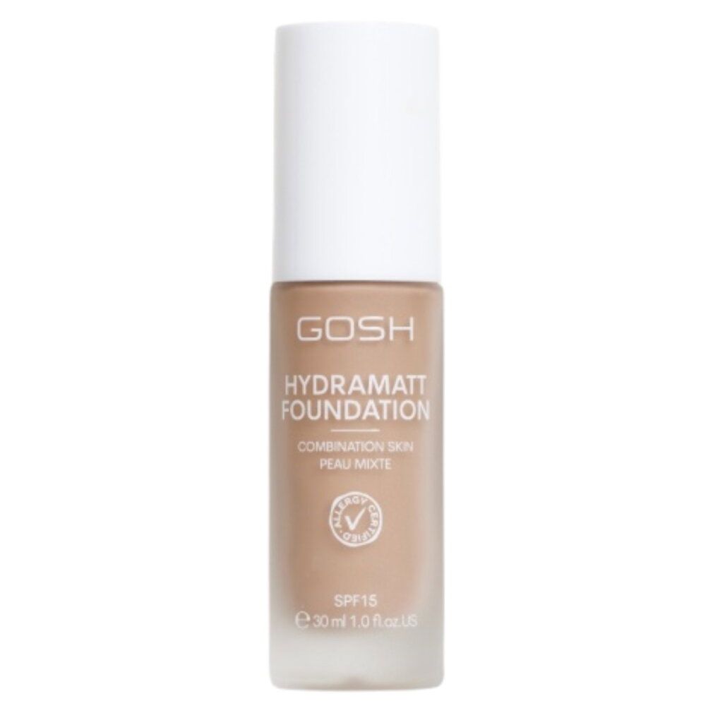 Flacone di fondotinta GOSH Hydramatt con tappo bianco. SPF 15.