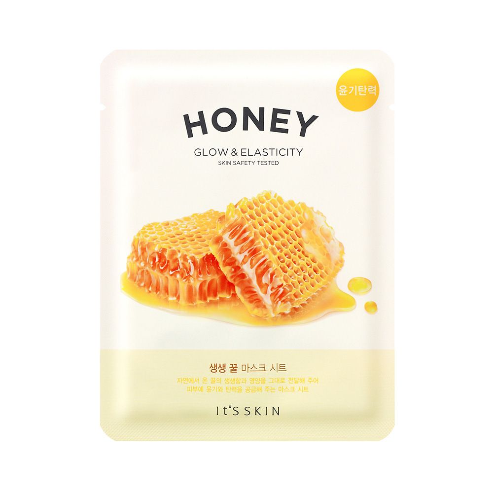 Maschera viso con scritta HONEY, GLOW & ELASTICITY, SKIN SAFETY TESTED. Marchio: IT'S SKIN. Immagine di favi.
