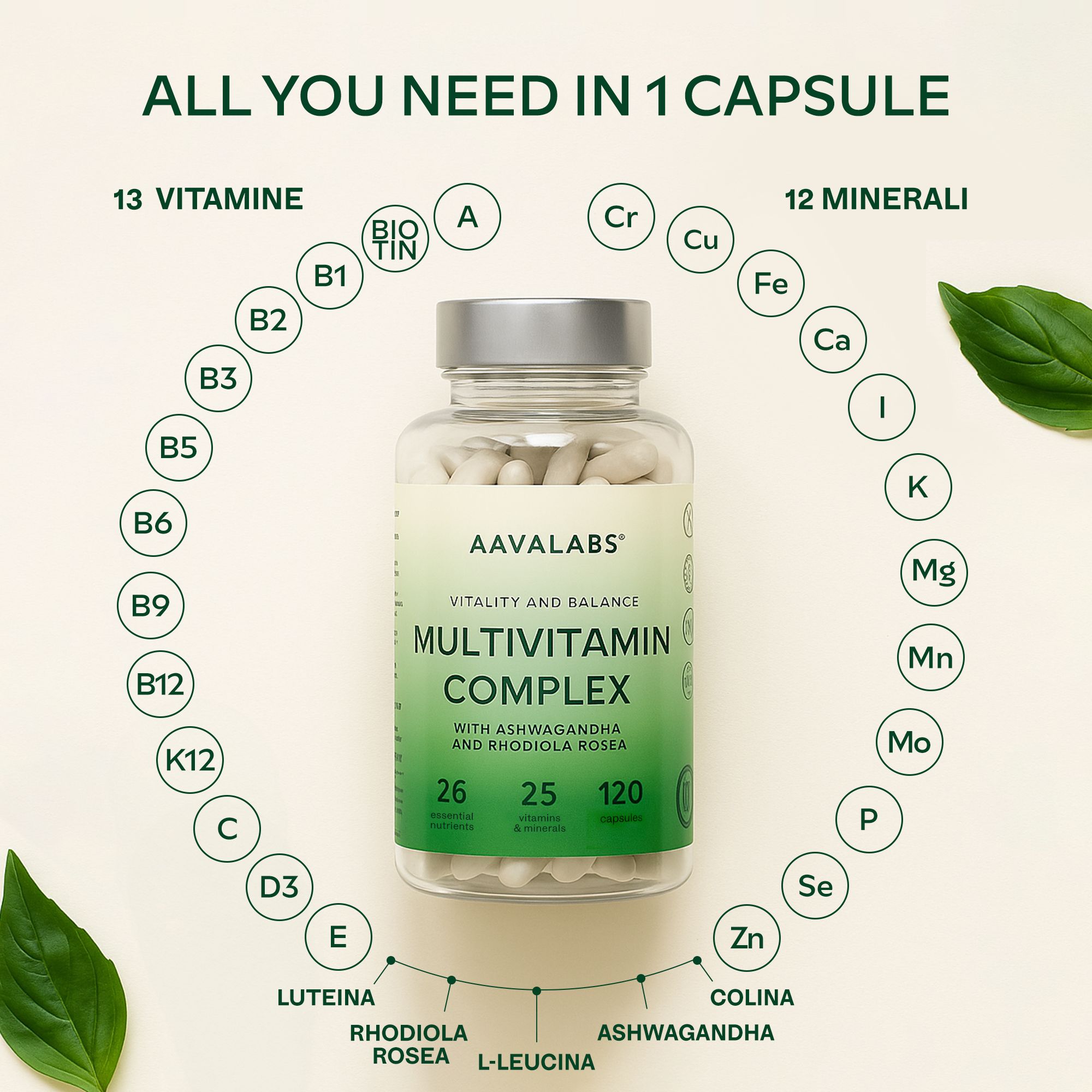 Flacone con capsule. Scritta: AAVALABS Multivitamin Complex. 120 capsule. 13 vitamine, 12 minerali.