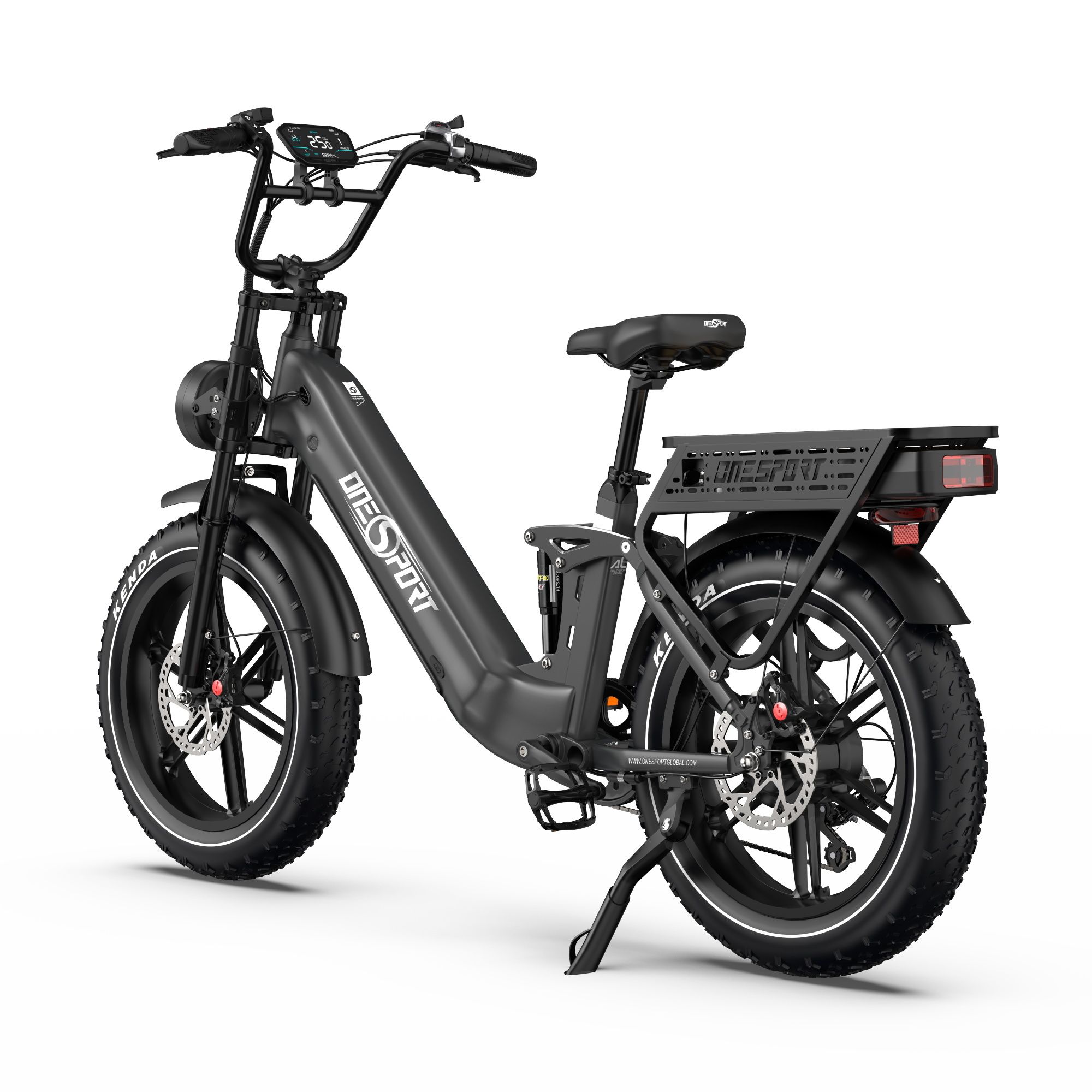 E-bike nera, vista posteriore. Pneumatici larghi, portapacchi. Scritta "ONESPORT" sul telaio.