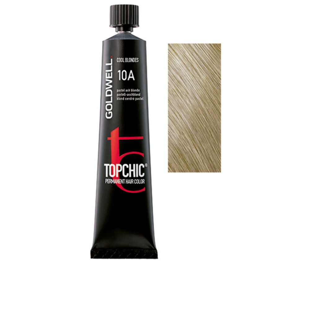 Tubo Goldwell Topchic e campione colore. Tubo nero, campione biondo chiaro. Visibili "10A" e "pastell-aschblond".