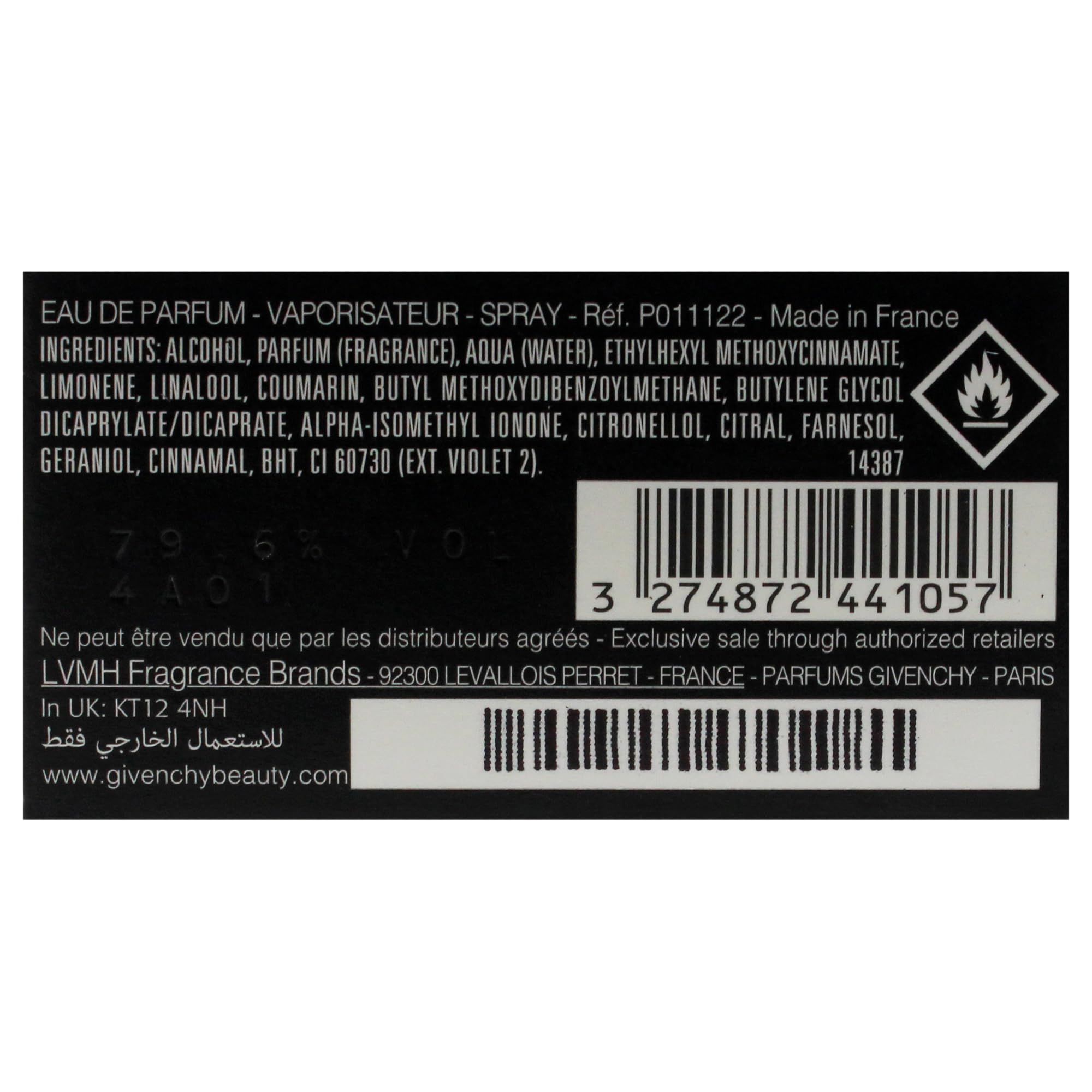 Etichetta nera con testo. Ingredienti, informazioni produttore, avvertenze e codice a barre. Testo bianco.