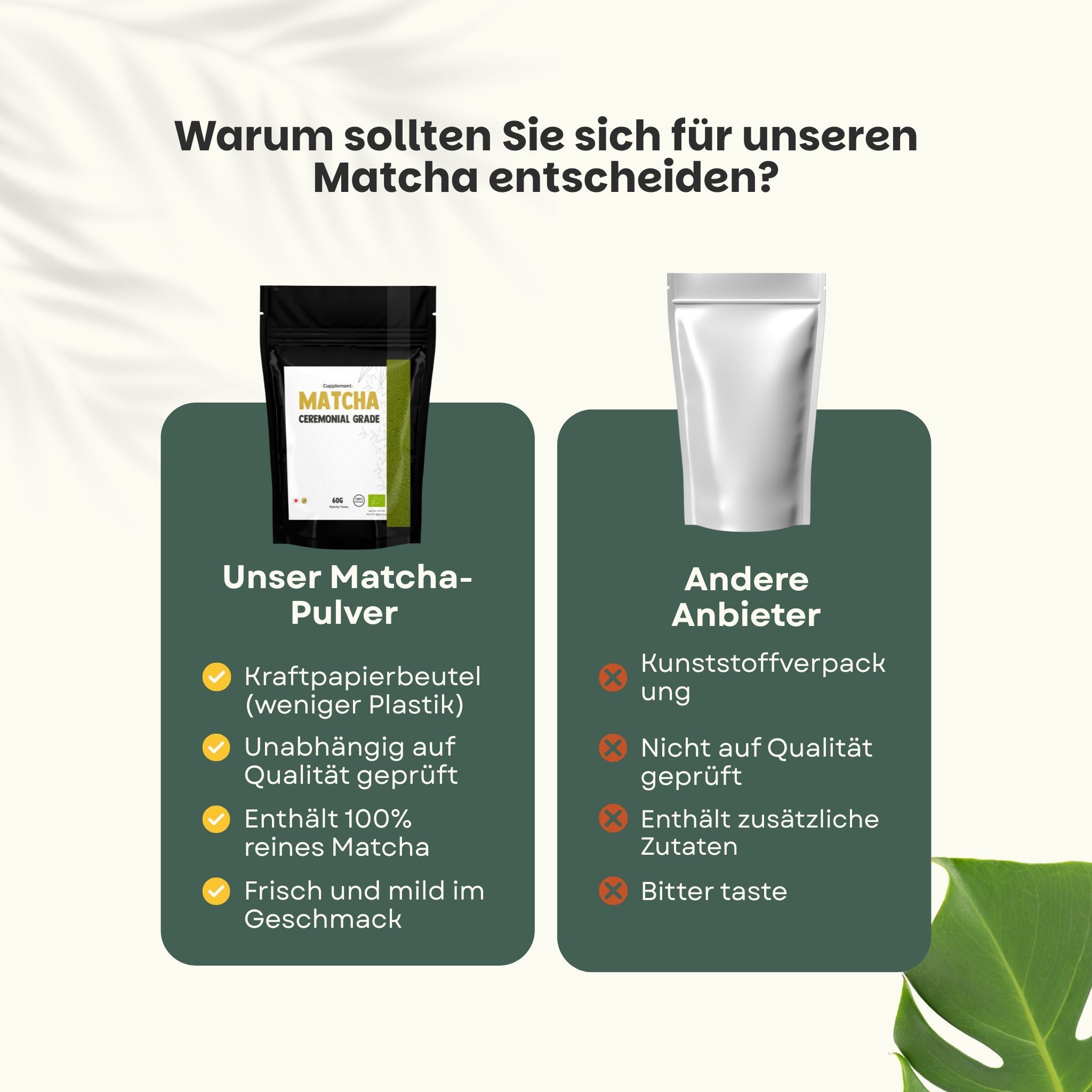 Confronto tra due buste: la nostra polvere di matcha (carta kraft) e altri fornitori (plastica). Con elenchi.