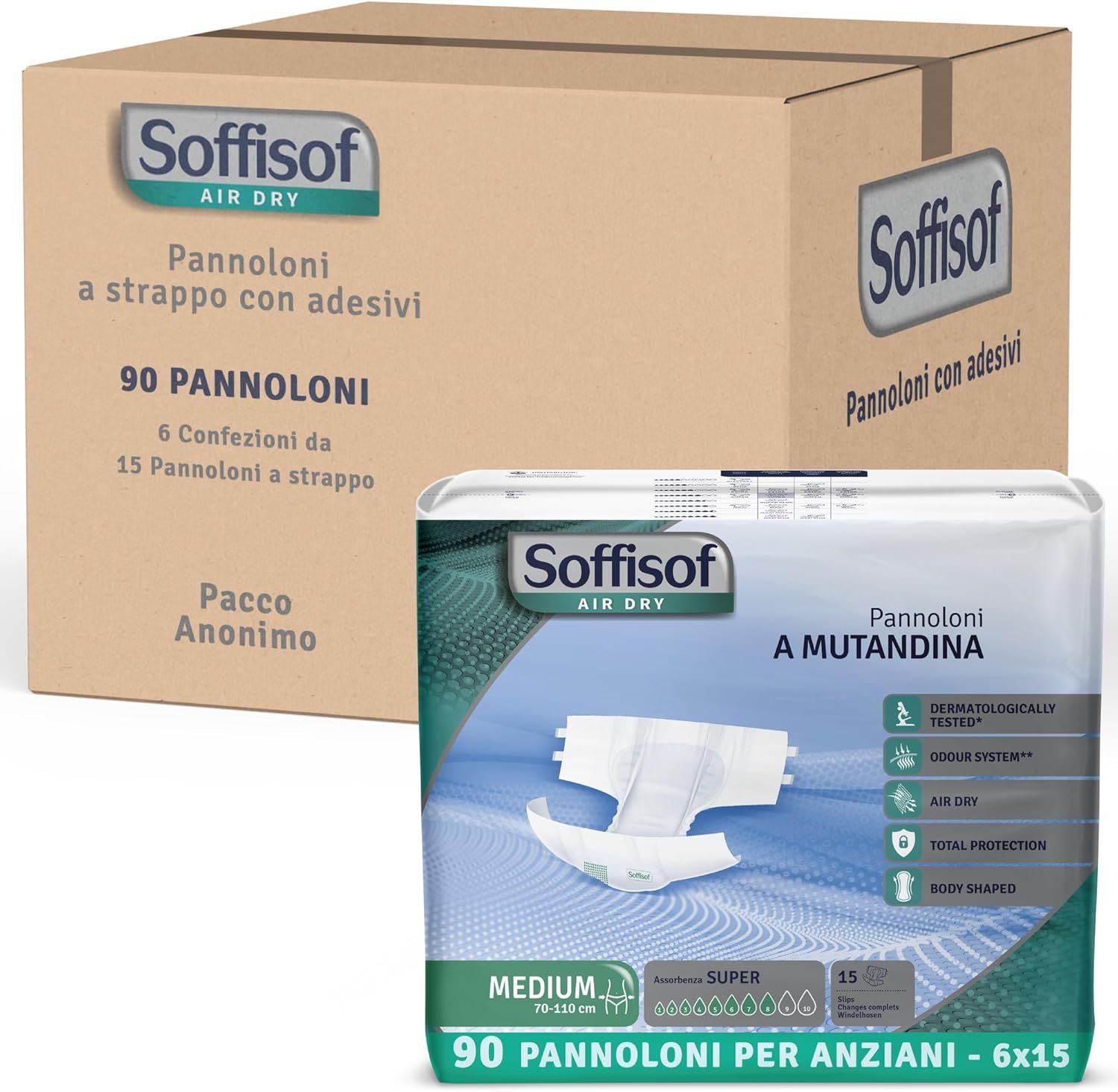 Scatola di pannoloni per adulti. Contiene confezioni da 90 pannoloni. Marchio Soffisof. Imballaggio con informazioni.