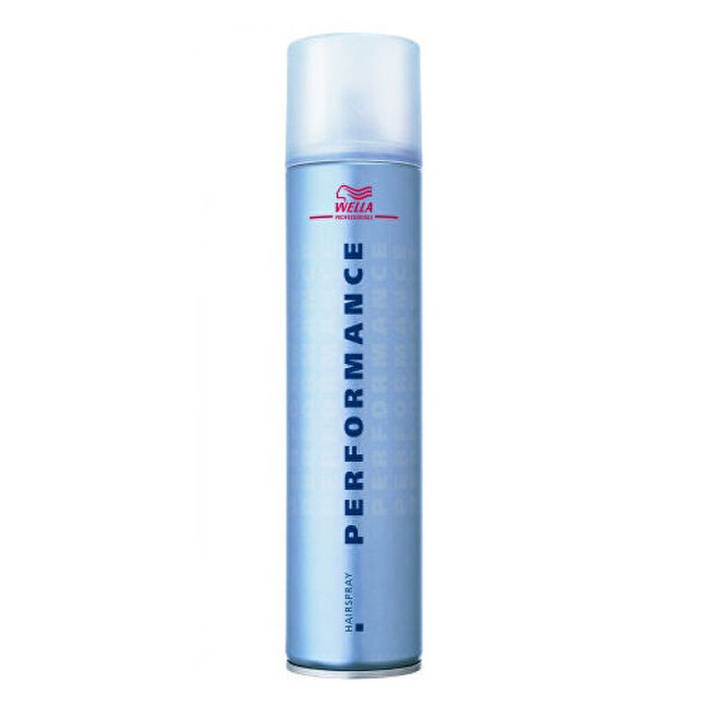 Bomboletta spray per capelli blu. Tappo bianco. Scritte: PERFORMANCE, HAISPRAY, WELL.