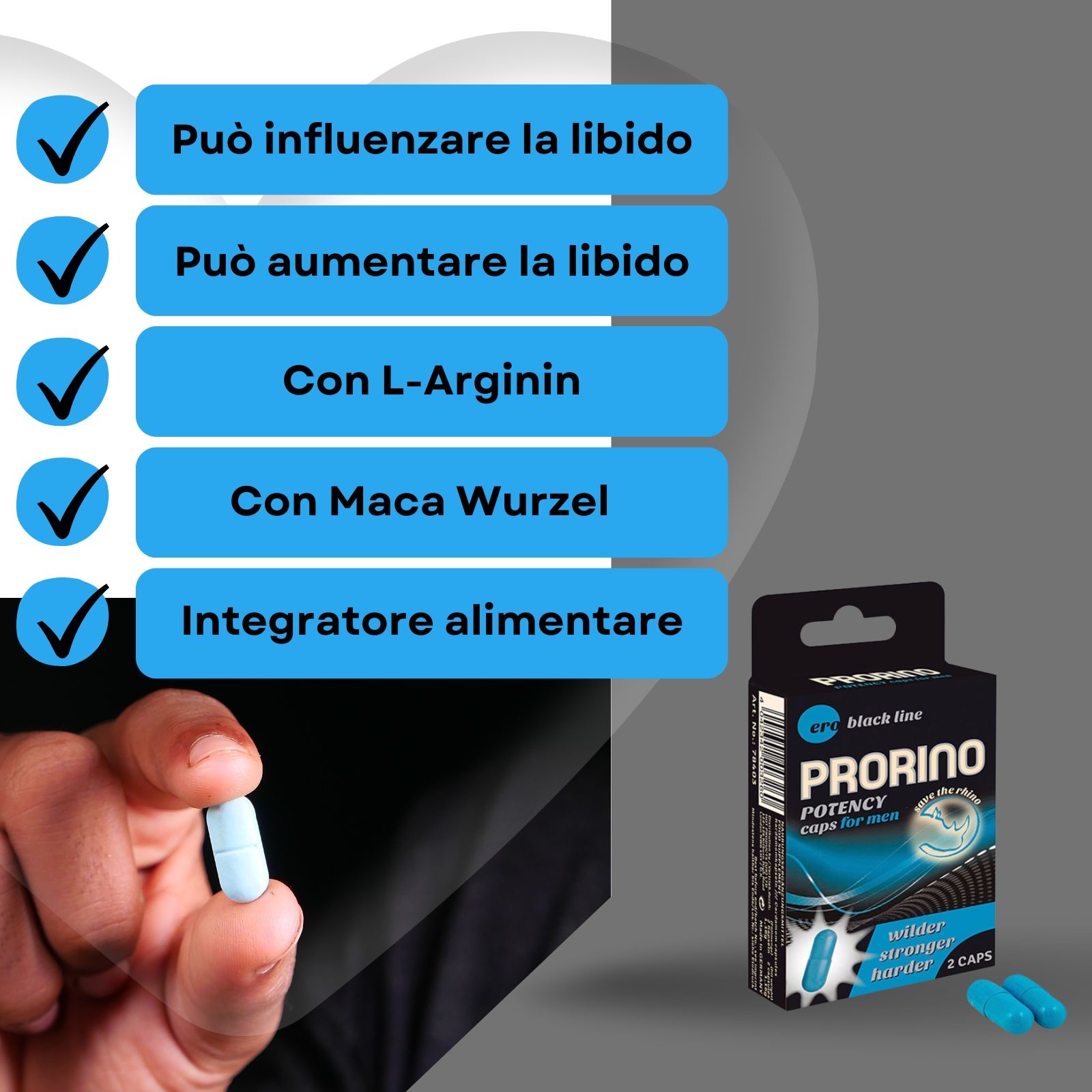 Prorino capsule per uomini. Capsula blu in mano. Confezione e 2 capsule accanto.