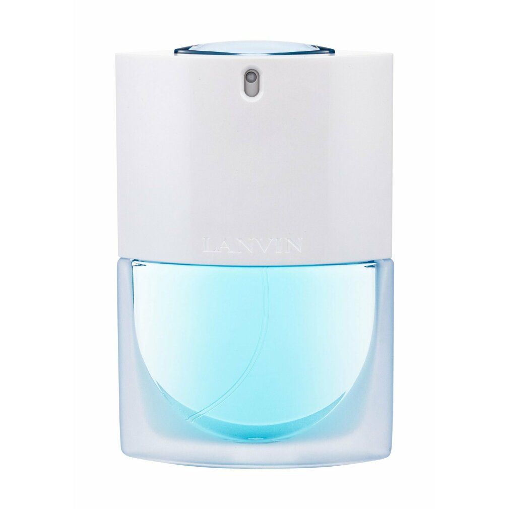 Flacone di profumo azzurro con tappo bianco. La testina spray è visibile.