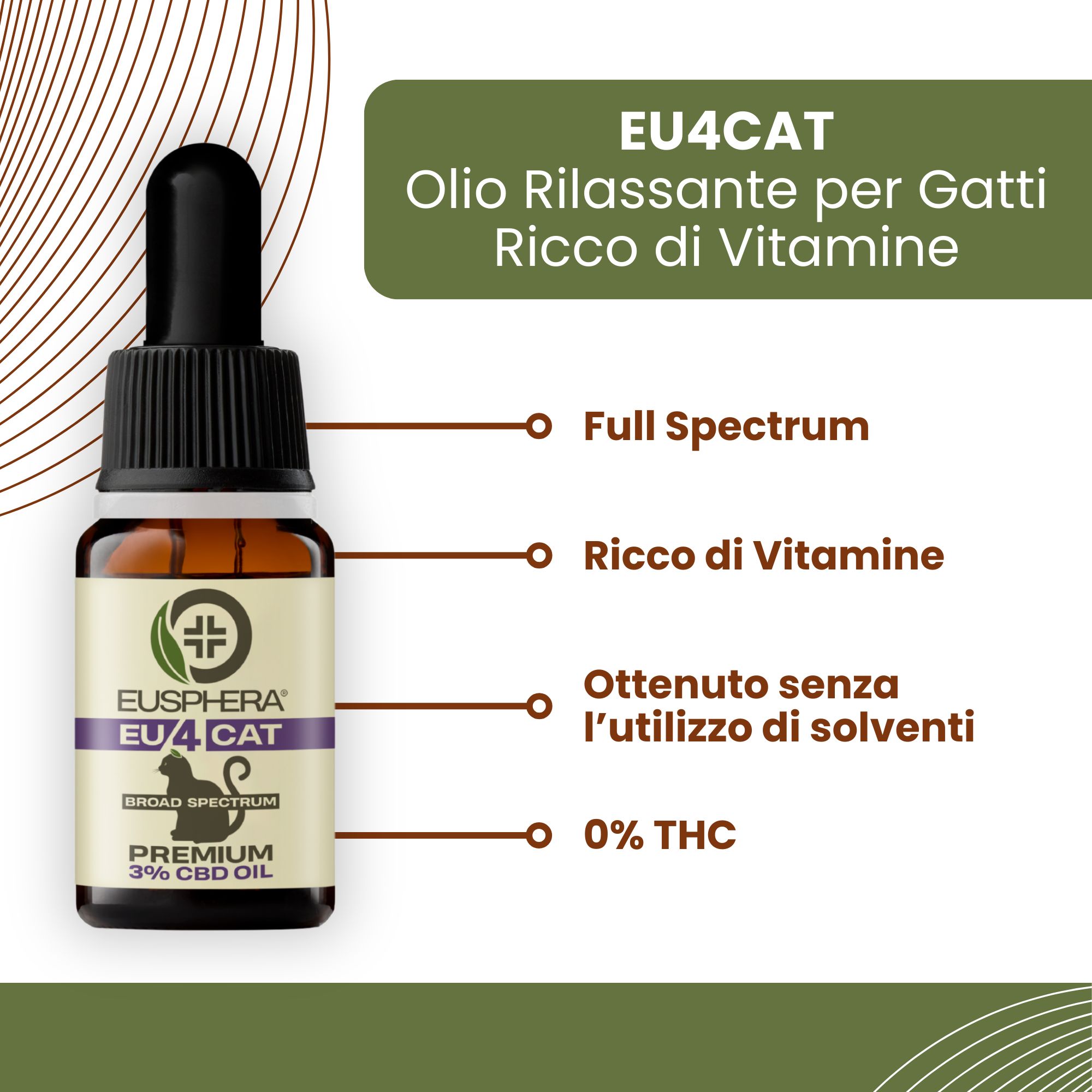 Flacone marrone con contagocce. Testo: EU4CAT, 3% CBD Oil. Grafico con informazioni: Spettro completo, ricco di vitamine.