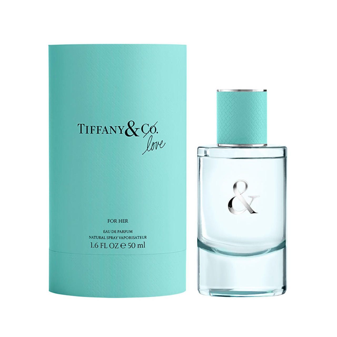 Flacone e confezione Tiffany & Co. Love Eau de Parfum. Confezione turchese, flacone trasparente con & argentato.
