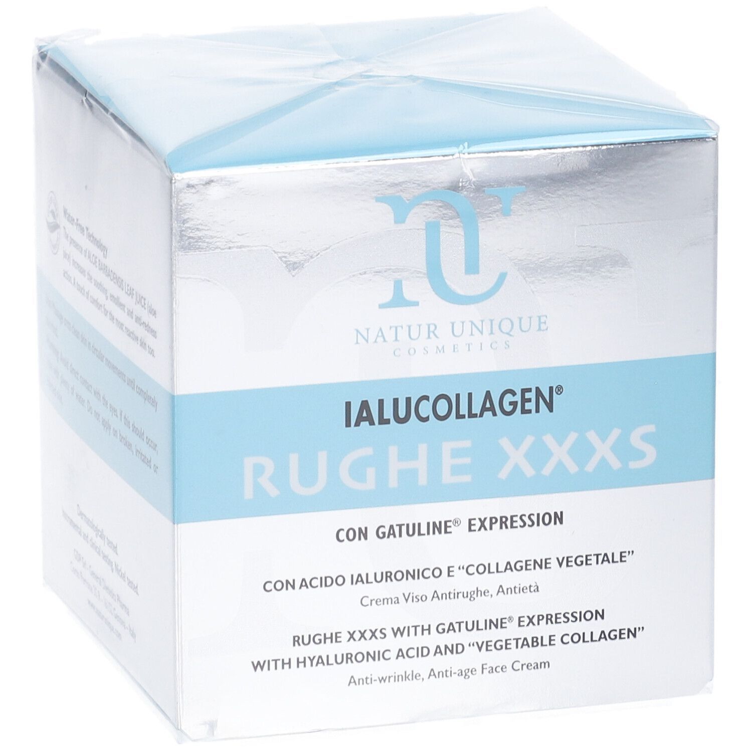Scatola quadrata con stampa del prodotto. Scritta: IALUCOLLAGEN Rughe XXXS. Con Gatuline Expression. Crema antirughe.