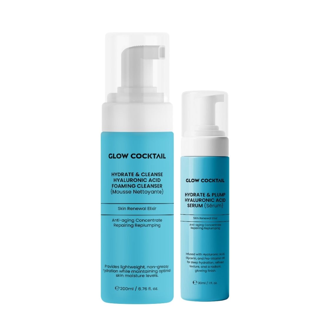 Due flaconi con etichetta bianca e blu. Scritta: Glow Cocktail, Hydrate & Cleanse, Acido Ialuronico, Foaming Cleanser, Siero.
