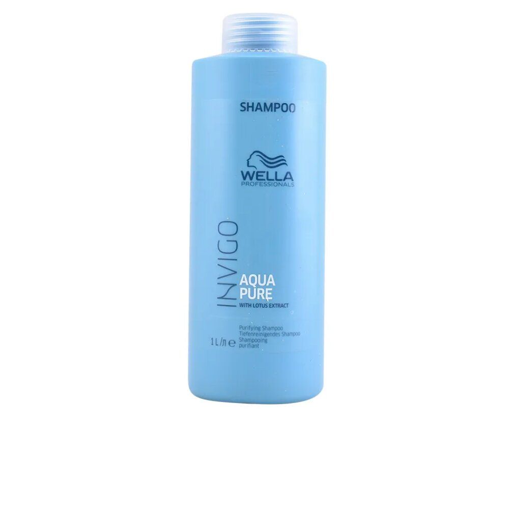 Flacone di shampoo blu chiaro con tappo bianco. Scritte: INVIGO, AQUA PURE, WELLA. 1L.