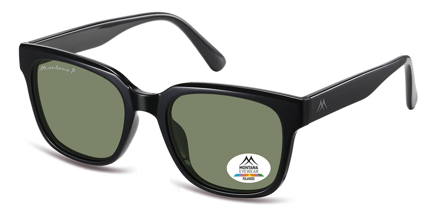 Occhiali da sole neri con lenti verdi. Logo Montana Eyewear sulla stanghetta e sulla lente. Adesivo polarizzato sulla lente.