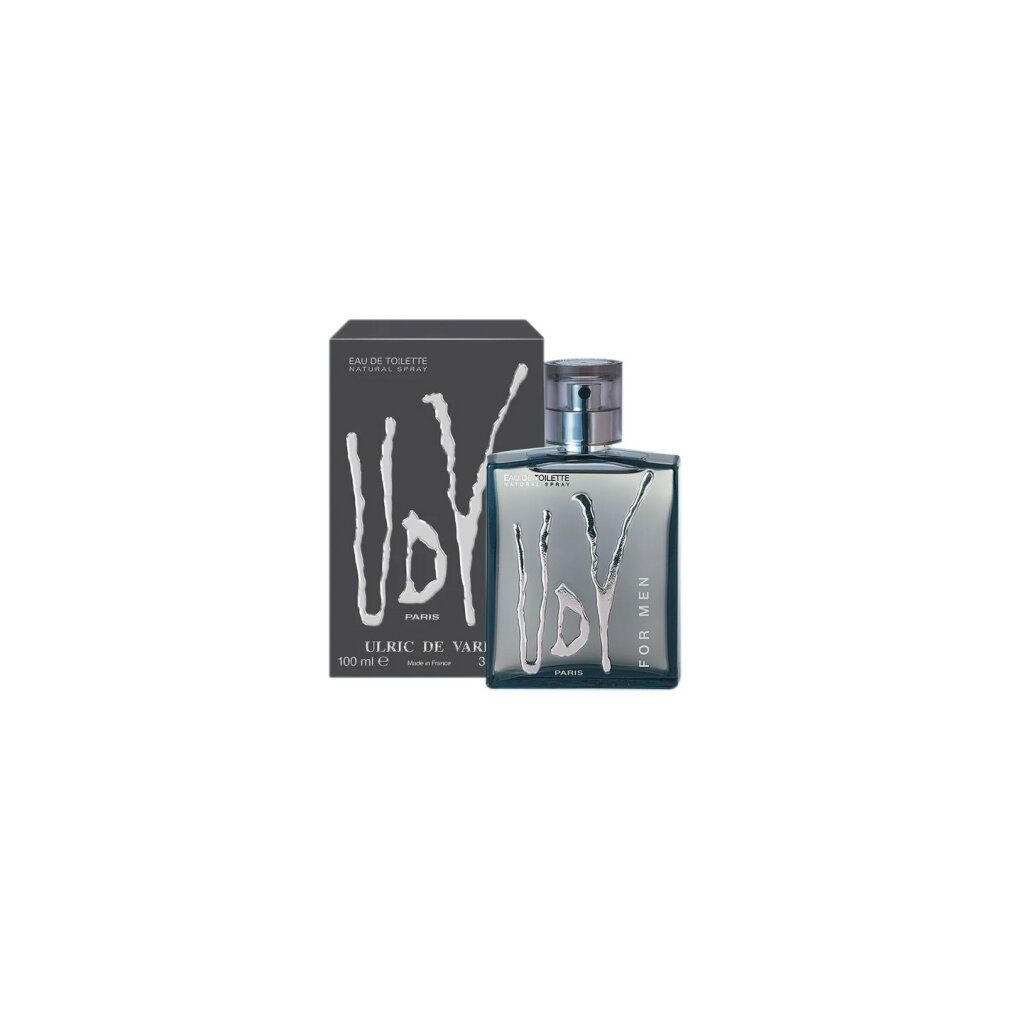 Ulric De Varens Men Eau De Toilette Spray. Flacone e scatola rettangolari. Confezione grigia con scritta bianca. Flacone con liquido bluastro.
