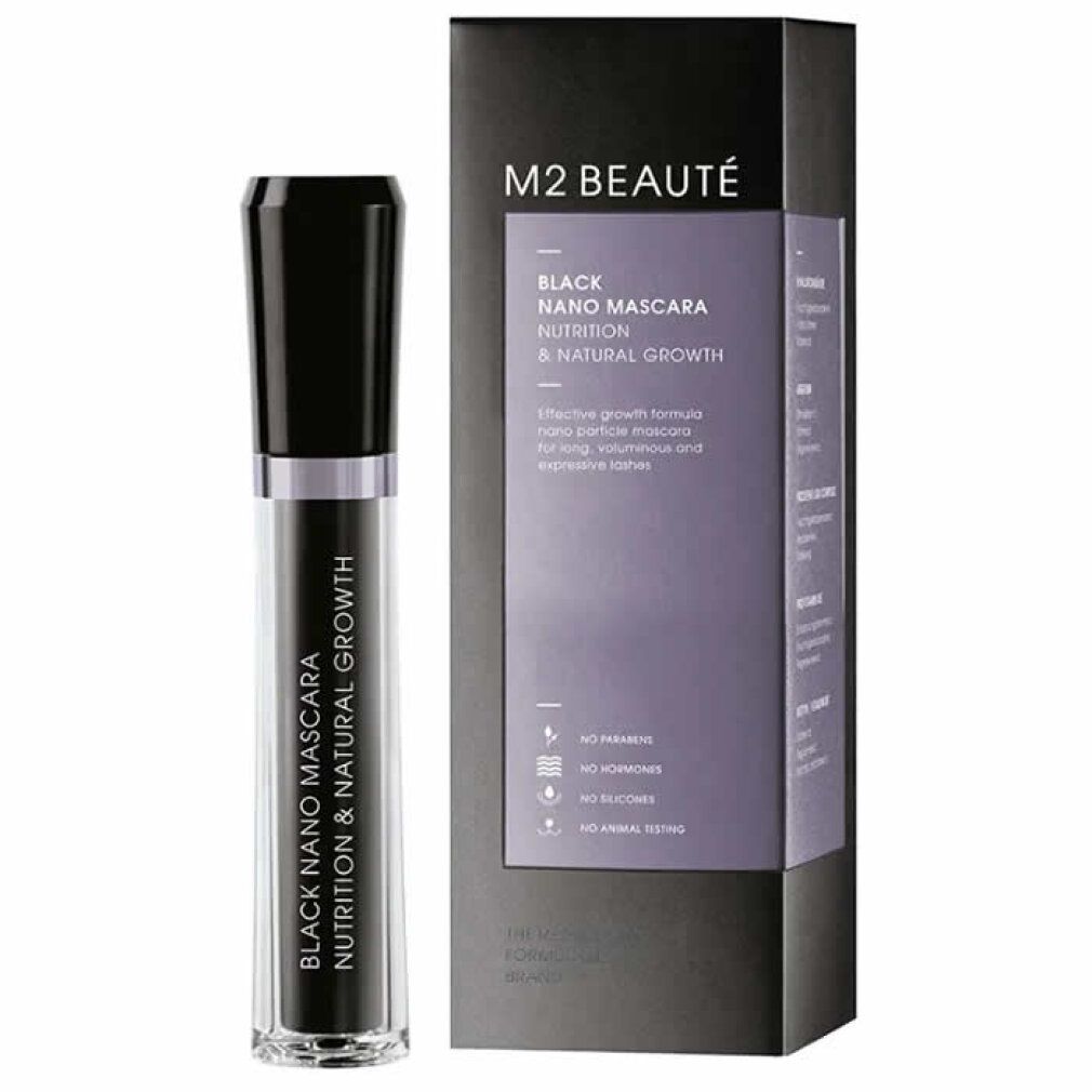 Mascara Nano Nero M2 Beauté. Tubo nero con tappo nero e confezione nera. Scritta: Black Nano Mascara Nutrition & Natural Growth.