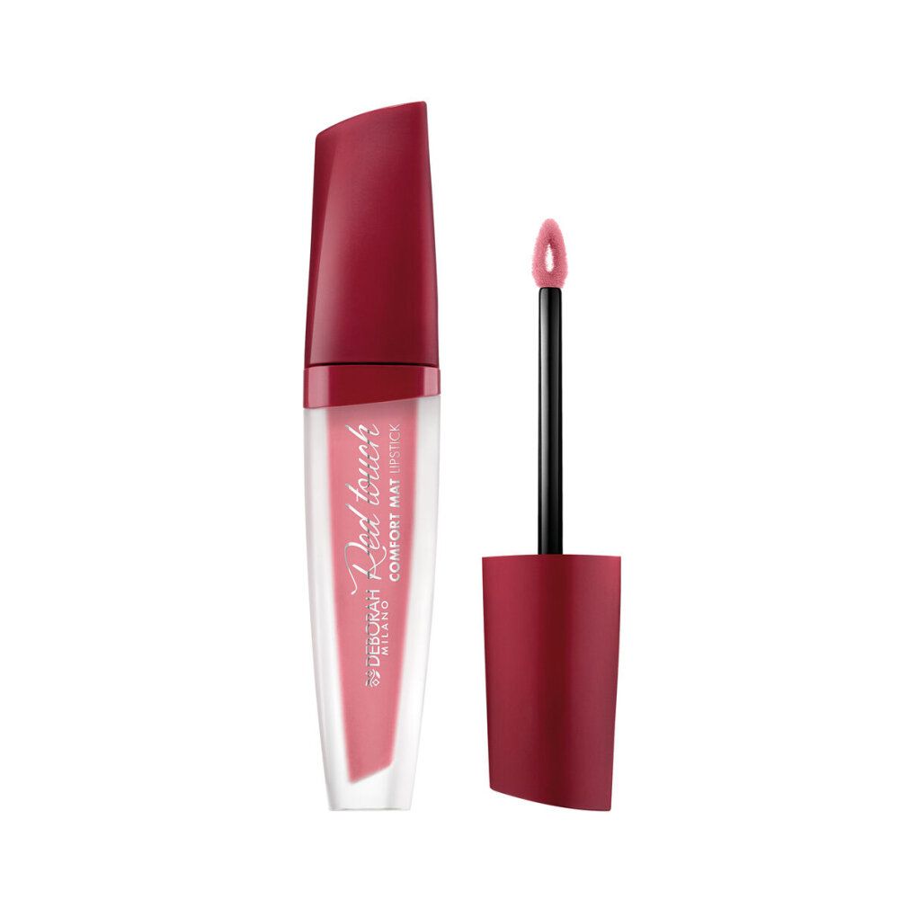 Rossetto liquido con tappo e applicatore rossi. Scritta: Deborah Milano Red Touch Comfort Mat Lipstick.