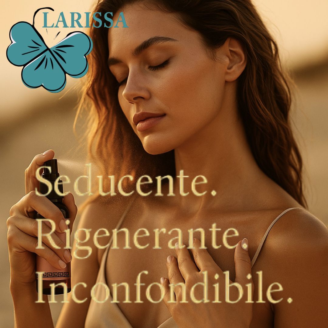 Donna che spruzza olio sulla pelle. Testo: Larissa, Seducente, Rigenerante, Inconfondibile.
