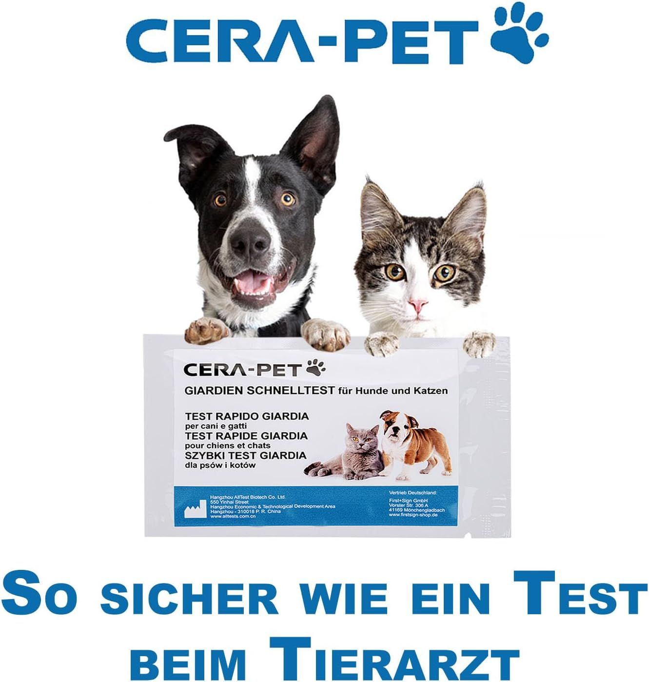 Test rapido Giardia Cera-Pet. Confezione con testo e immagini di cane e gatto. Cane e gatto che guardano sopra la confezione.