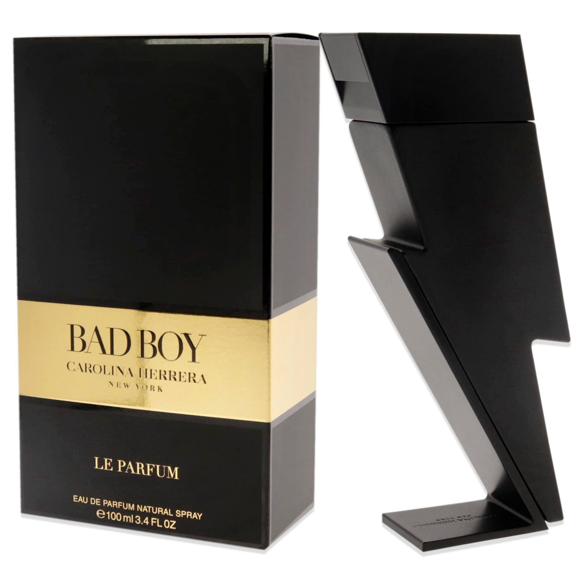 Flacone nero a forma di fulmine e confezione nera. Scritta: BAD BOY CAROLINA HERRERA LE PARFUM.