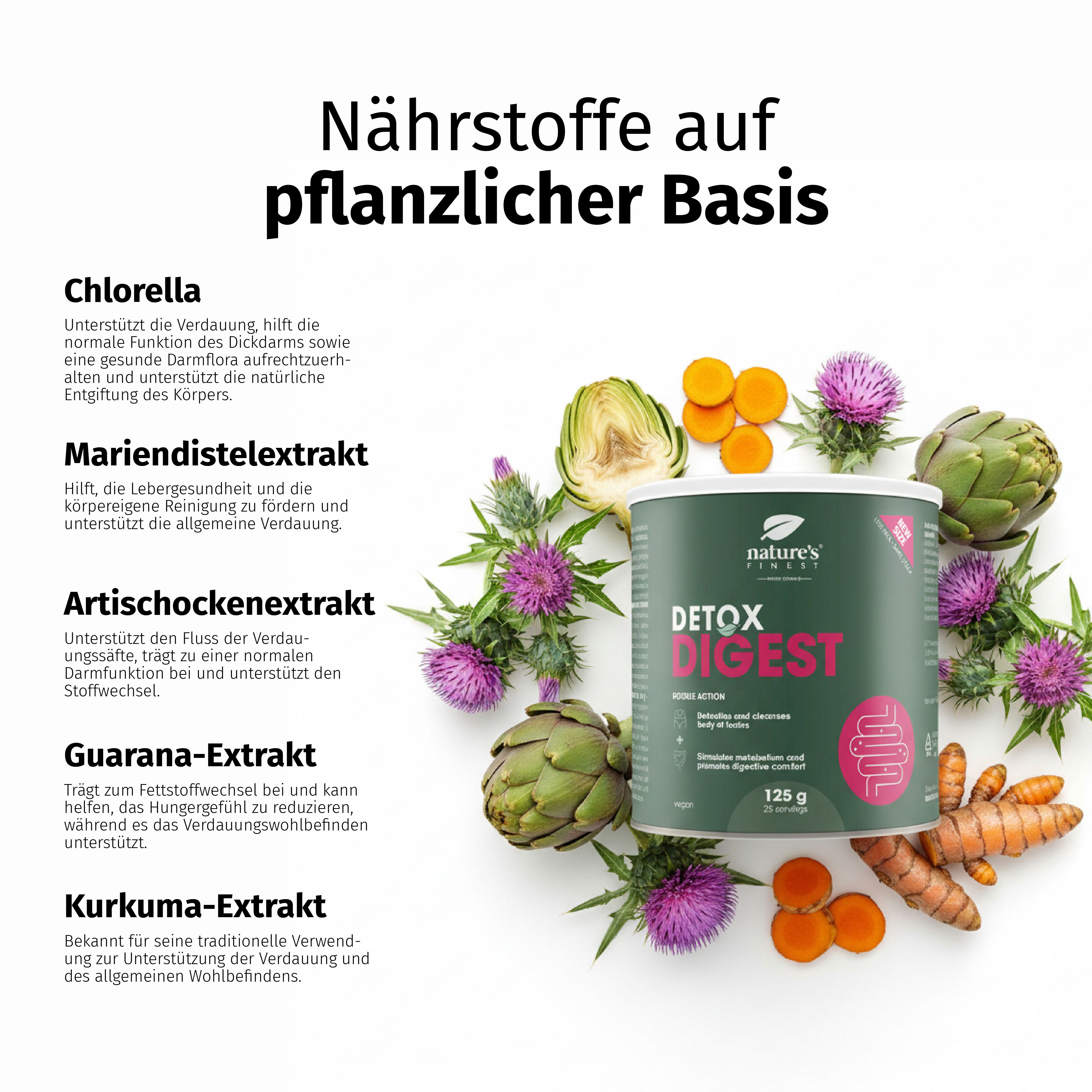 Lattina Detox Digest con estratti vegetali come clorella, cardo mariano e carciofo.