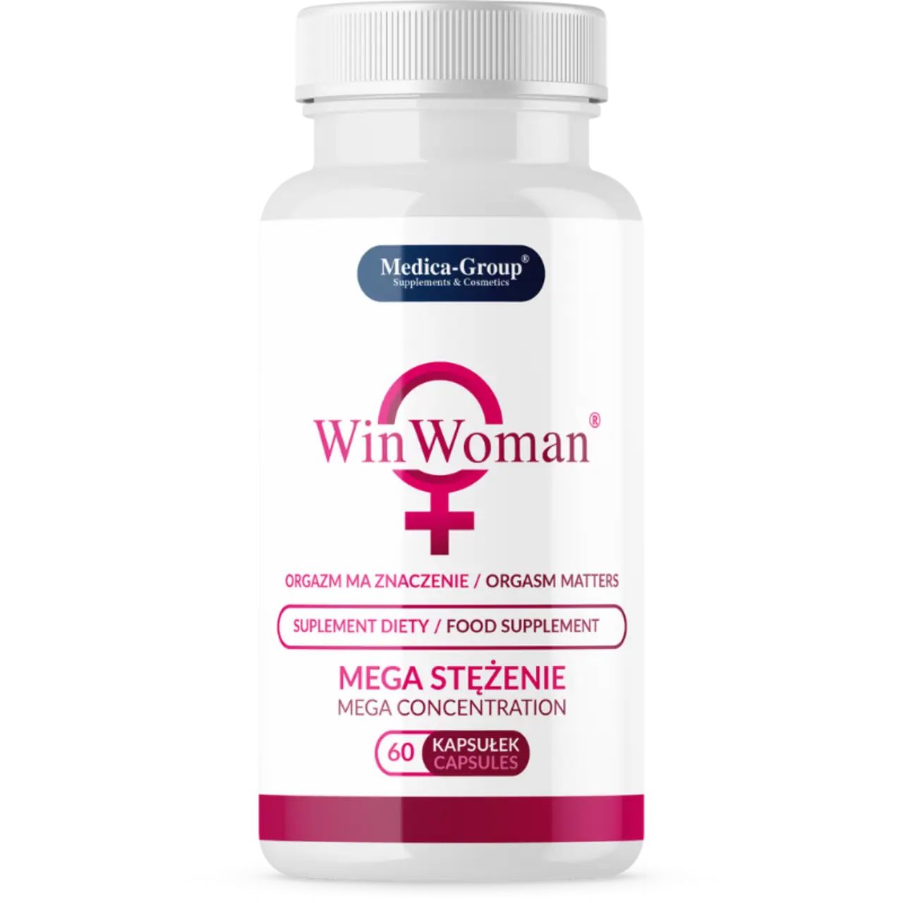 Flacone di WinWoman. Scritta: L'orgasmo conta. 60 capsule. Logo Medica-Group. Flacone bianco con dettagli rosa e neri.