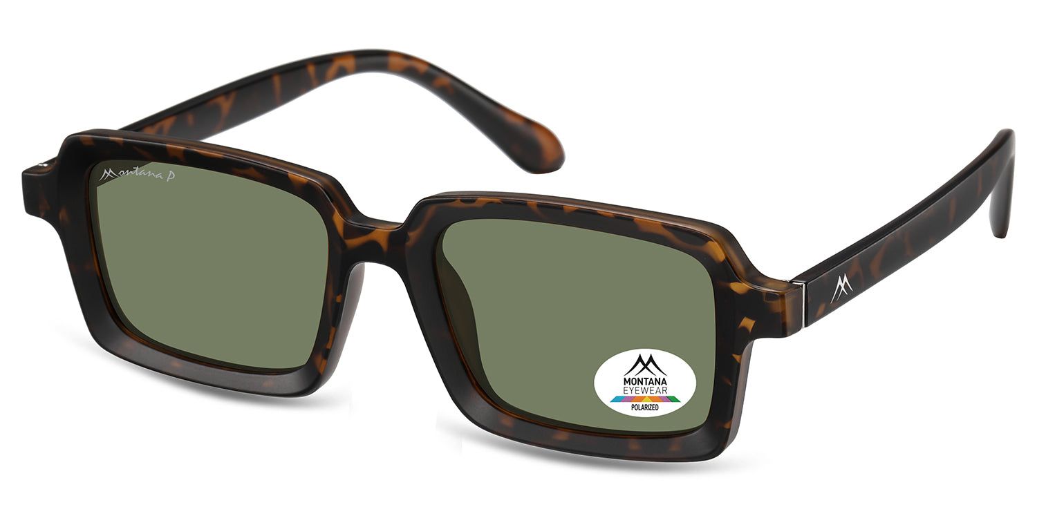 Occhiali da sole con montatura marrone e lenti verdi. Un adesivo con il logo Montana Eyewear è attaccato a una lente.
