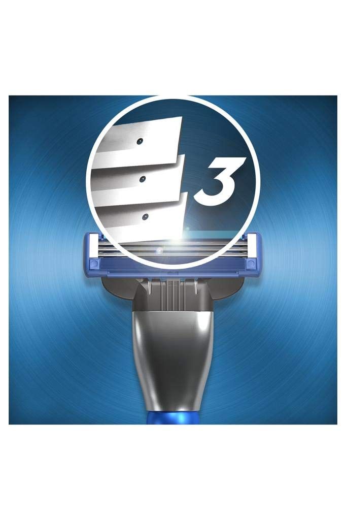 Testina di rasoio con tre lame. Elementi blu e argento. Rappresentazione circolare delle lame.