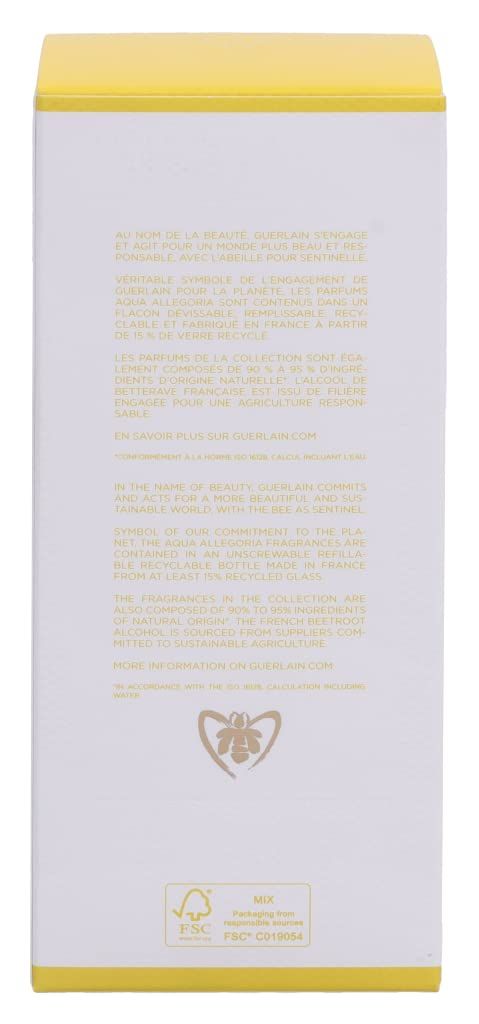 Confezione con testo sulla sostenibilità e logo FSC. Marchio: Guerlain. Testo in francese e inglese.