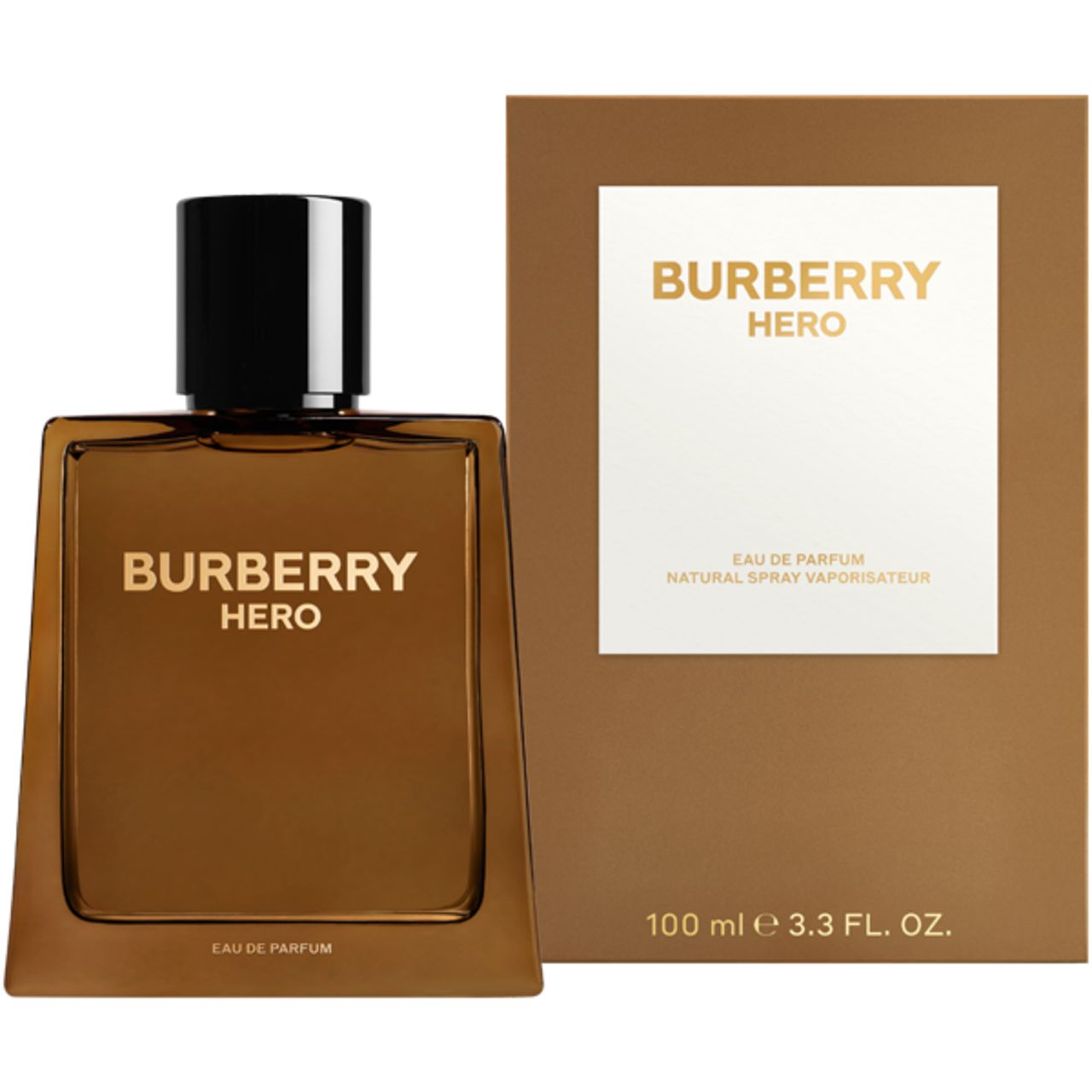 Burberry Hero E.d.P. Nat. Spray e confezione. Flacone e scatola marroni. Scritta dorata. Forma squadrata.
