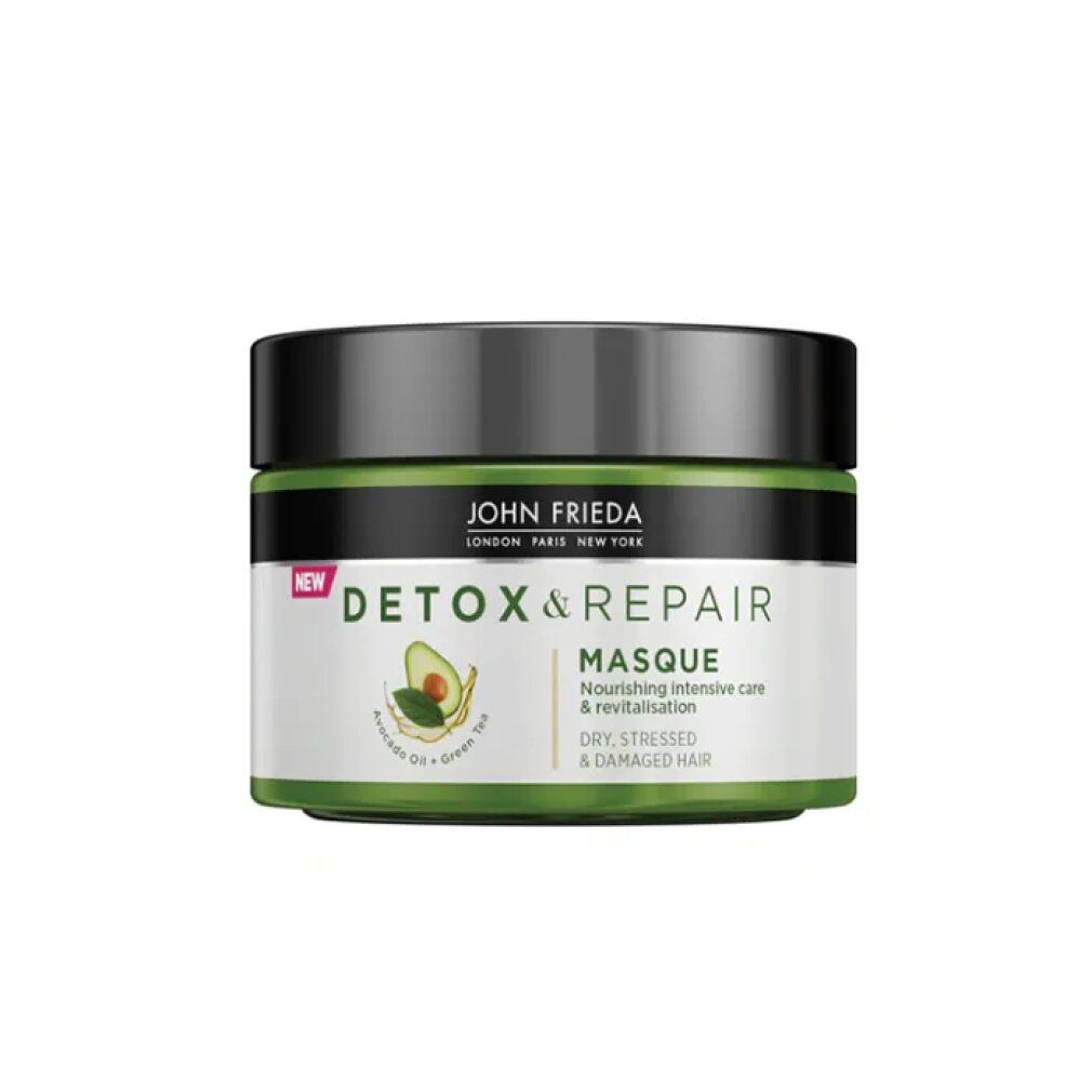 Barattolo John Frieda Detox & Repair Masque. Coperchio nero, corpo verde, etichetta bianca con illustrazione avocado e testo.