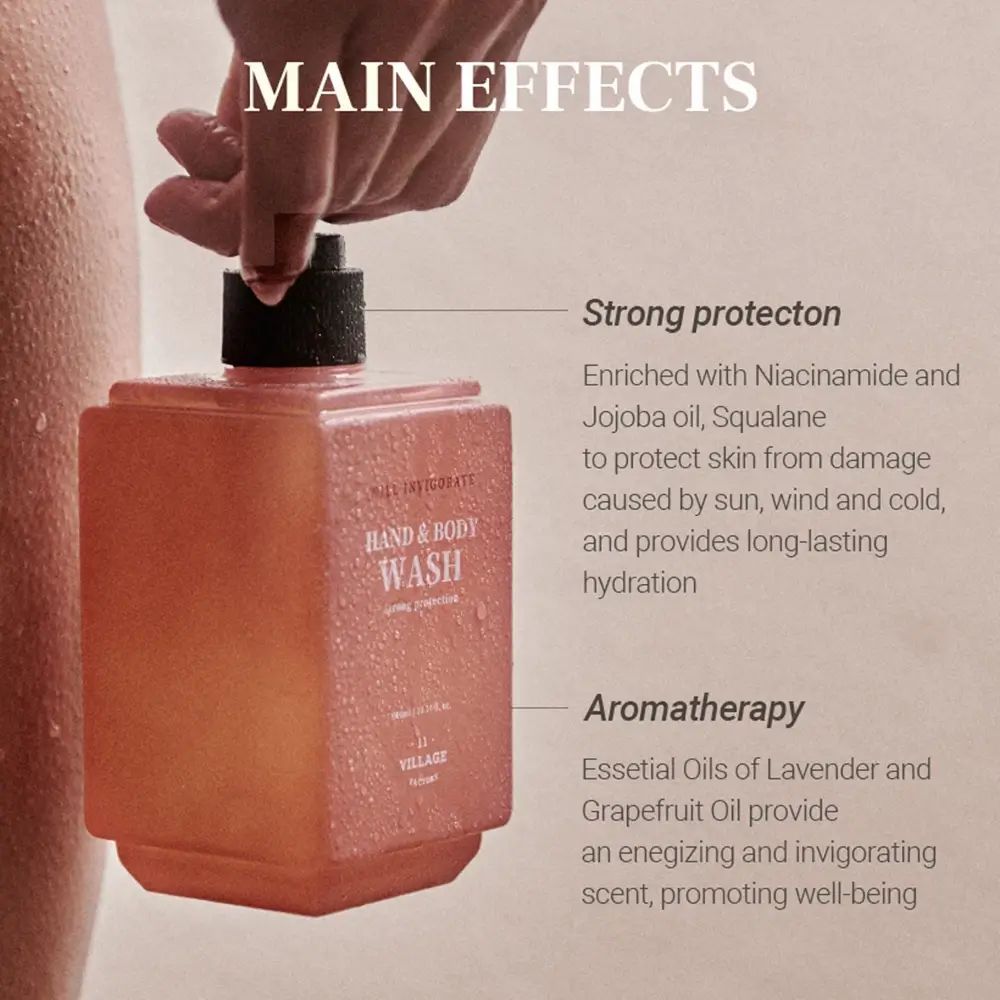 Infografica del prodotto. Testo: Main Effects, Strong protection, Aromatherapy. Ingredienti e benefici del prodotto.