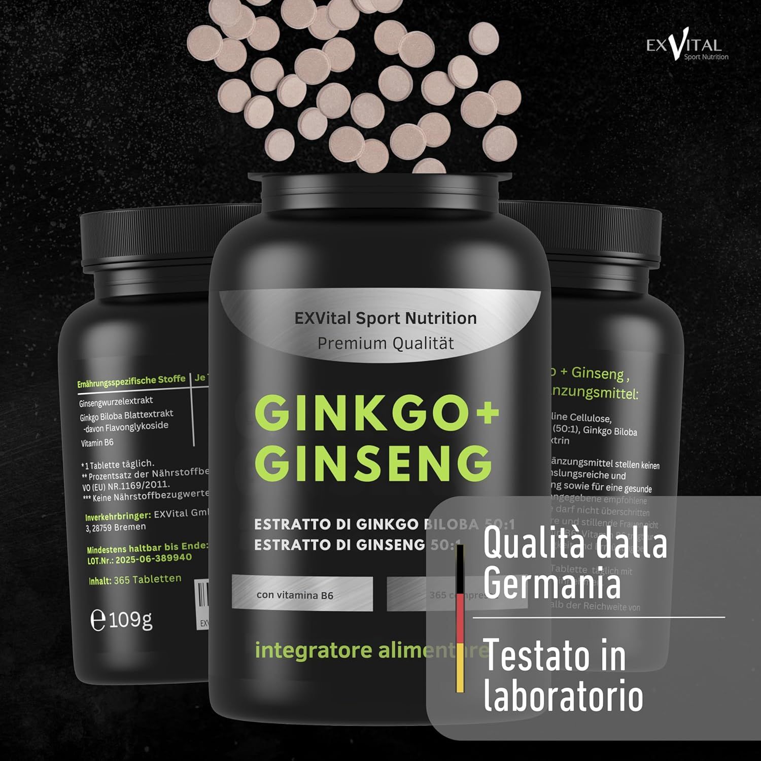 Tre contenitori EXVital Ginkgo + Ginseng. "Qualità dalla Germania". "Testato in laboratorio".