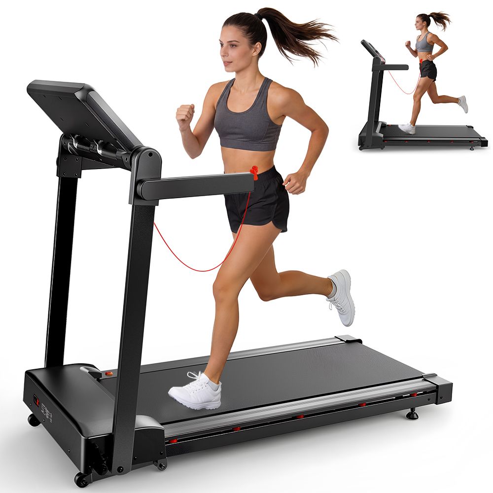 Donna che corre su tapis roulant nero. Piccola immagine di una donna che corre su un tapis roulant. Frecce blu.