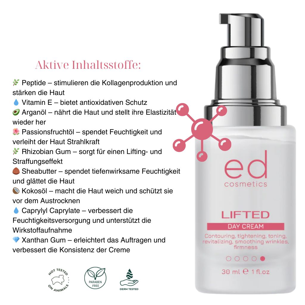 Flacone di crema con erogatore. Testo: ed cosmetics, LIFTED DAY CREAM. Testo e loghi aggiuntivi. 30 ml, 1 fl.oz.
