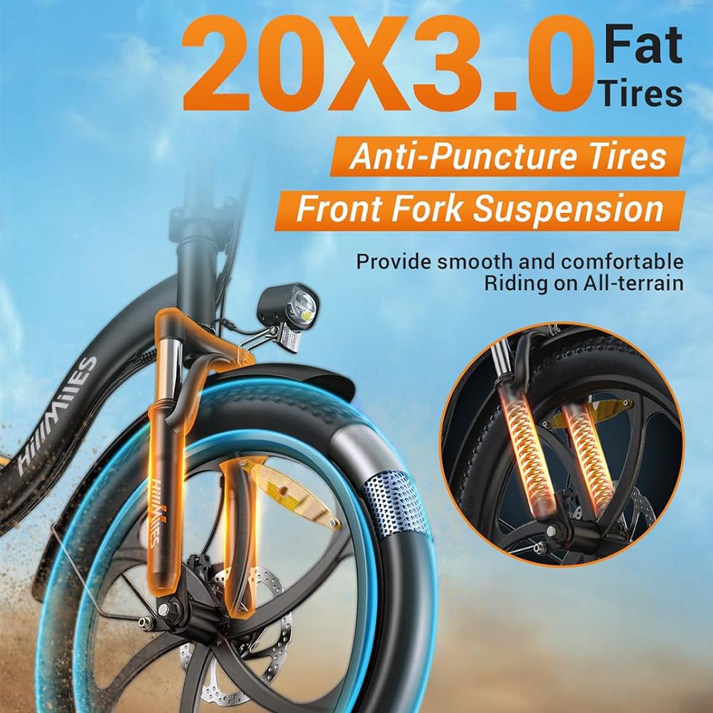 Pneumatici per bicicletta con scritta 20X3.0 Fat Tires, pneumatici antiforatura e sospensione anteriore. Offre una guida fluida e confortevole su tutti i terreni.