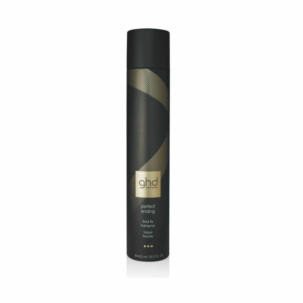 Bomboletta spray nera con logo "ghd" dorato e "perfect ending final fix hairspray".