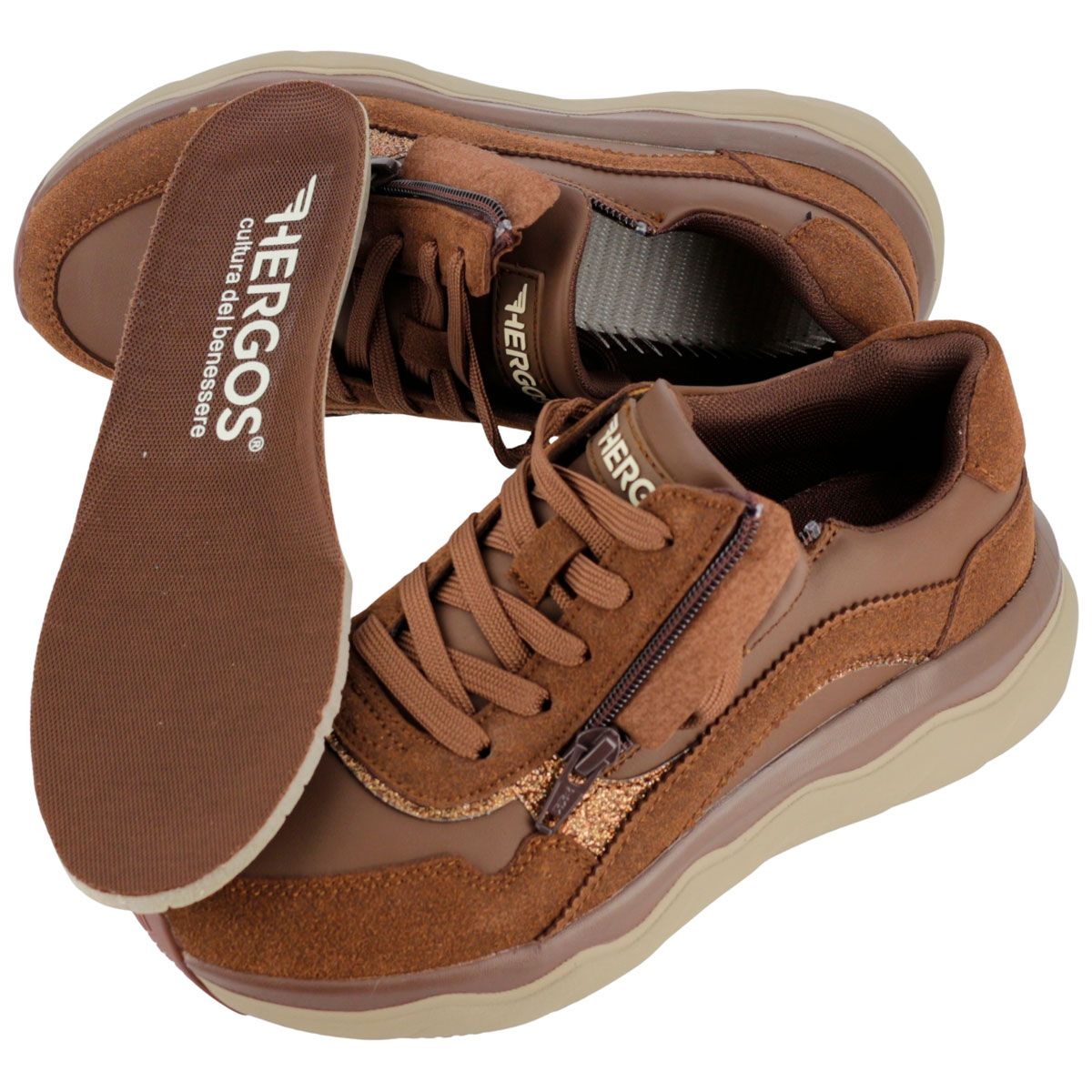 Scarpe marroni da donna con lacci e zip laterale. Soletta interna estraibile.