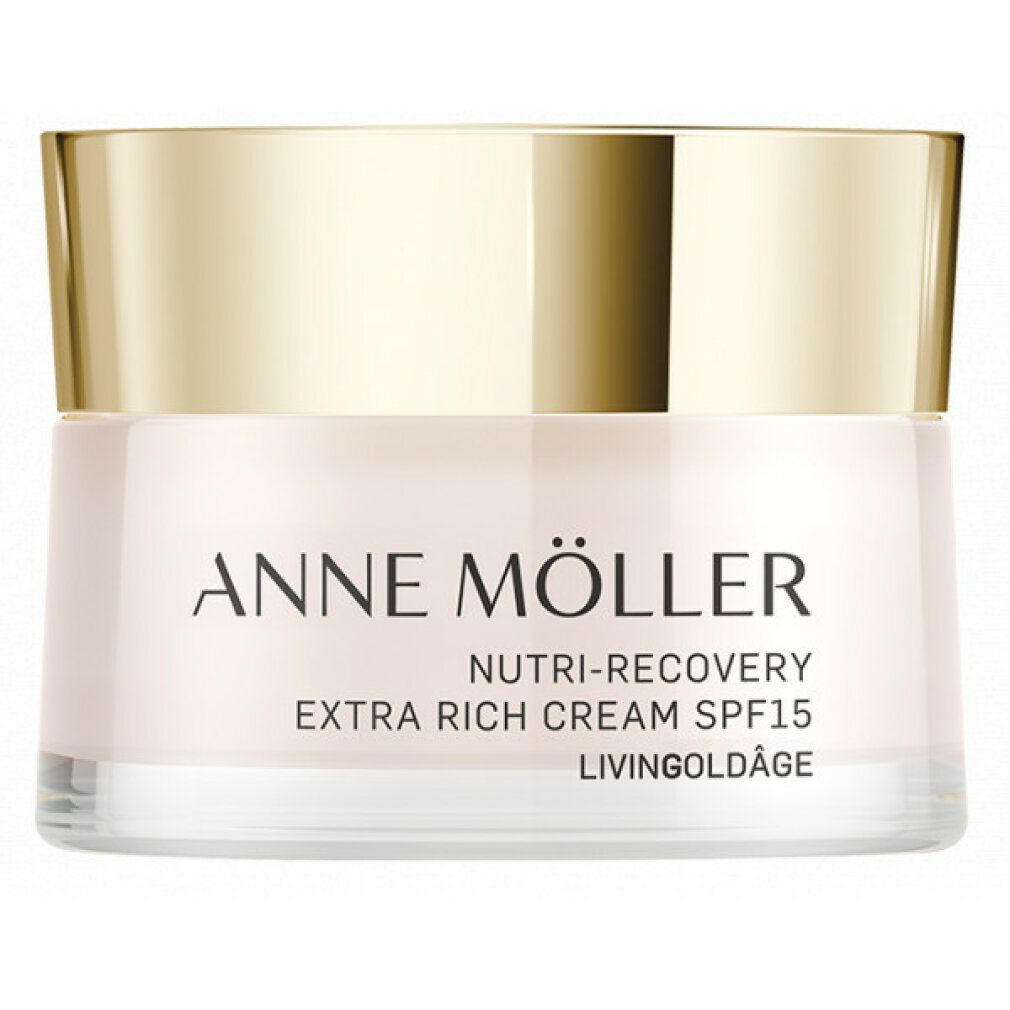 Vaso di crema con coperchio dorato. Scritta: ANNE MÖLLER, NUTRI-RECOVERY, EXTRA RICH CREAM SPF15, LIVINGOLDÂGE.