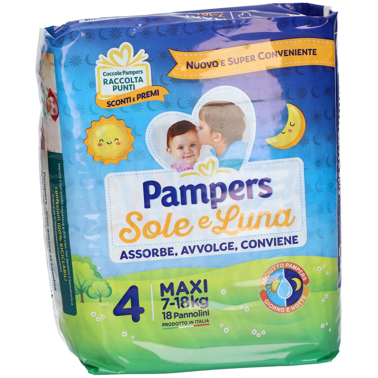 Pampers Sole e Luna Maxi, confezione da 18 pannolini. Taglia 4, 7-18 kg. Imballaggio con illustrazioni di bambini.