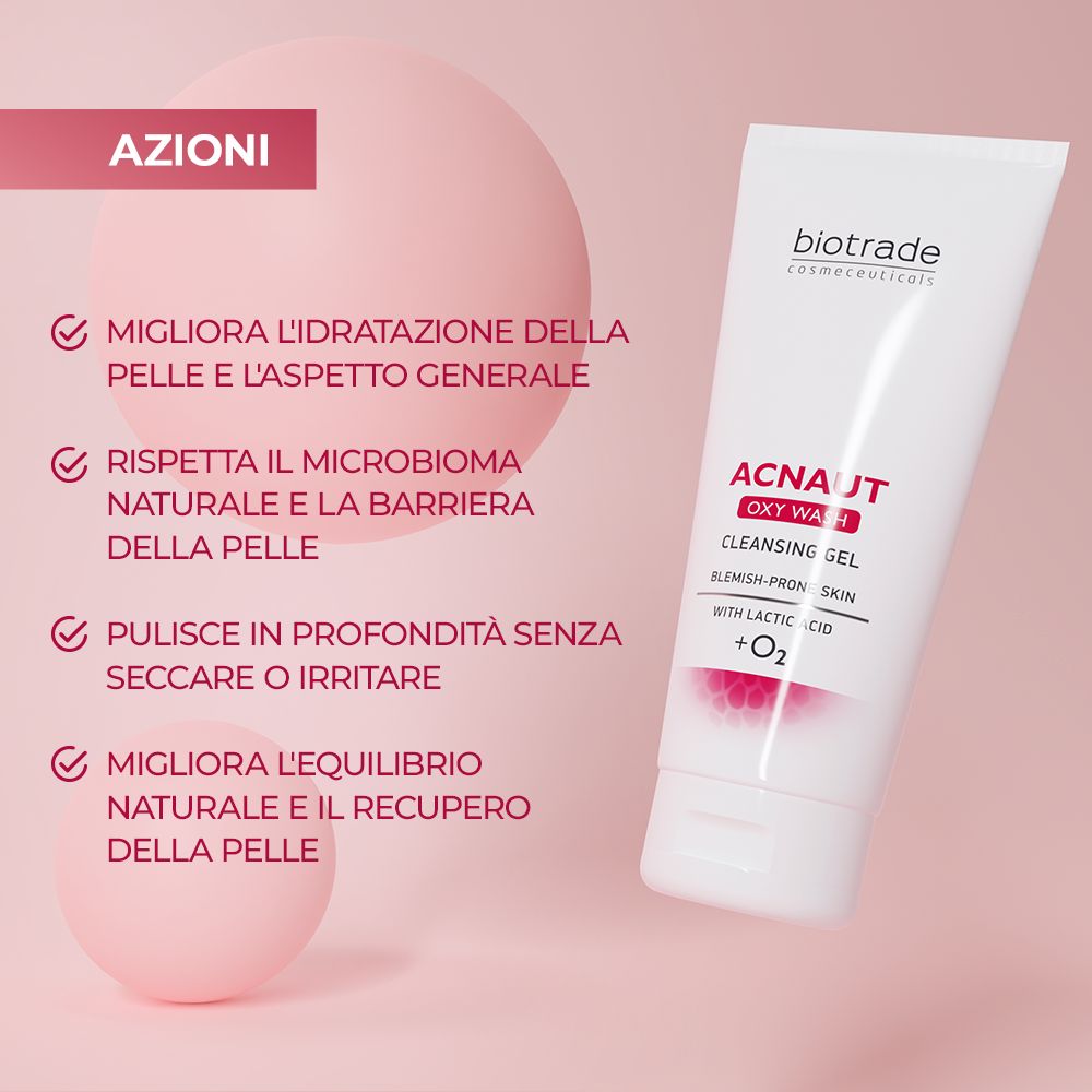 Tubo con testo rosso e nero. Scritta: ACNAUT OXY WASH CLEANSING GEL. Marchio: Biotrade. Sfondo: sfere rosa.