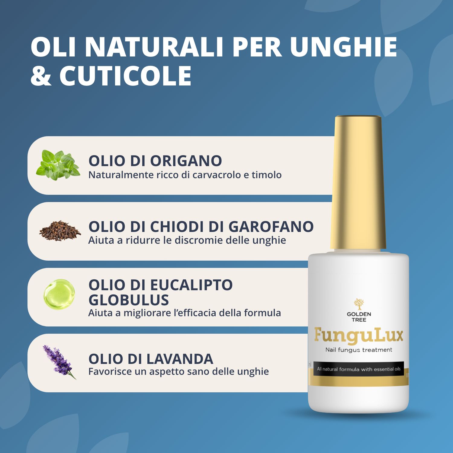 Flacone del trattamento per unghie FunguLux incentrato su oli naturali per unghie e cuticole.