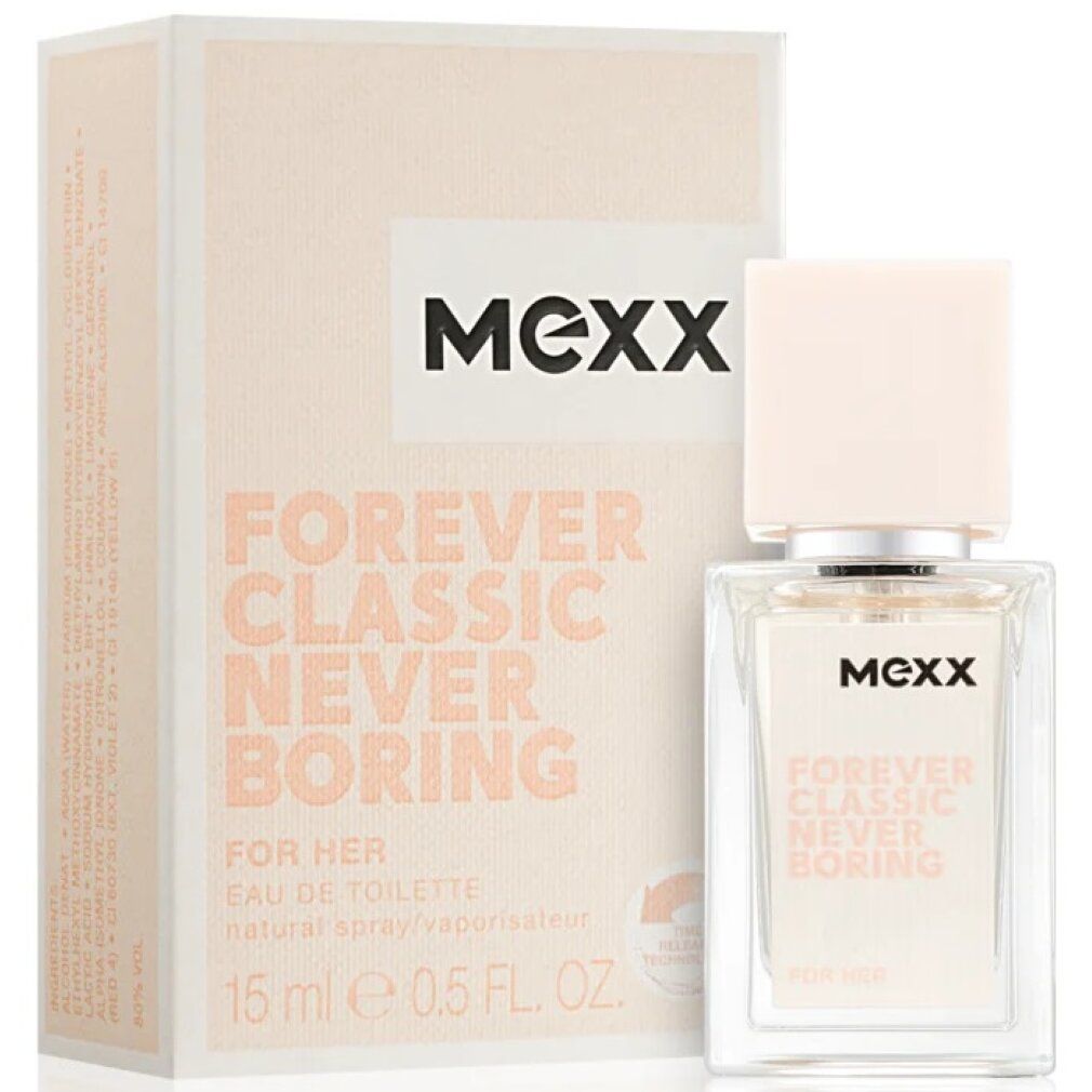 Flacone e confezione. Flacone quadrato, tappo rosa chiaro. Confezione con scritta: MEXX, Forever Classic Never Boring.