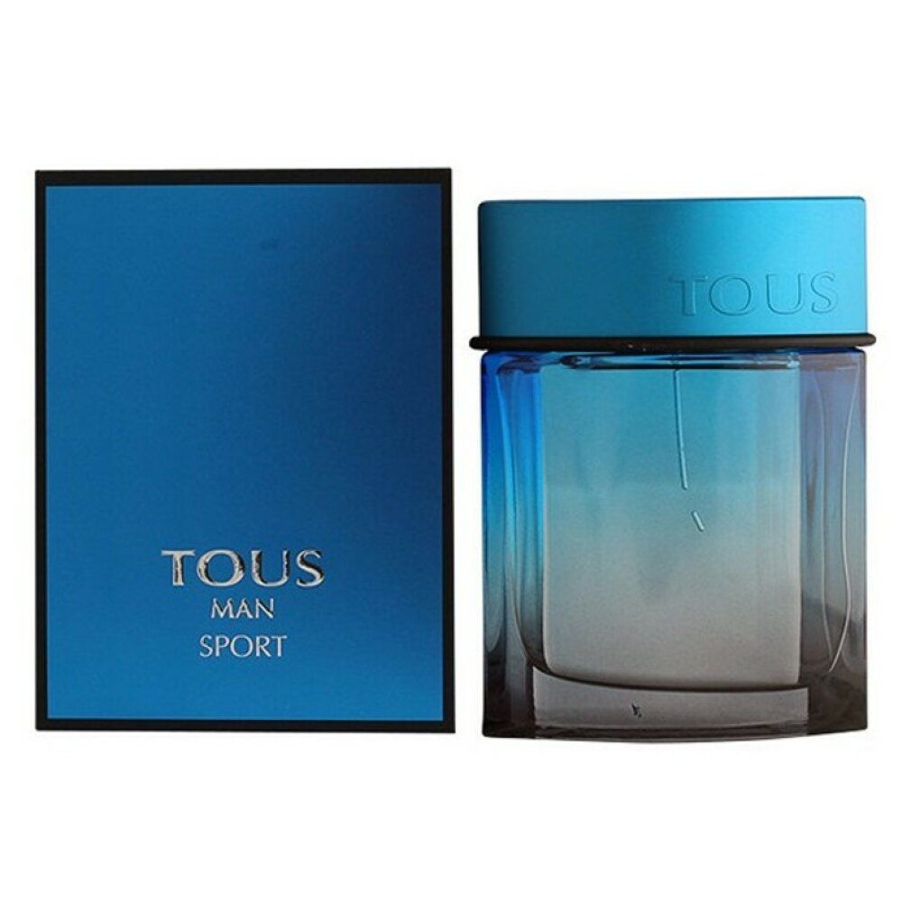 Flacone spray di eau de toilette blu con tappo blu e confezione nera. Sulla confezione è scritto "TOUS MAN SPORT".
