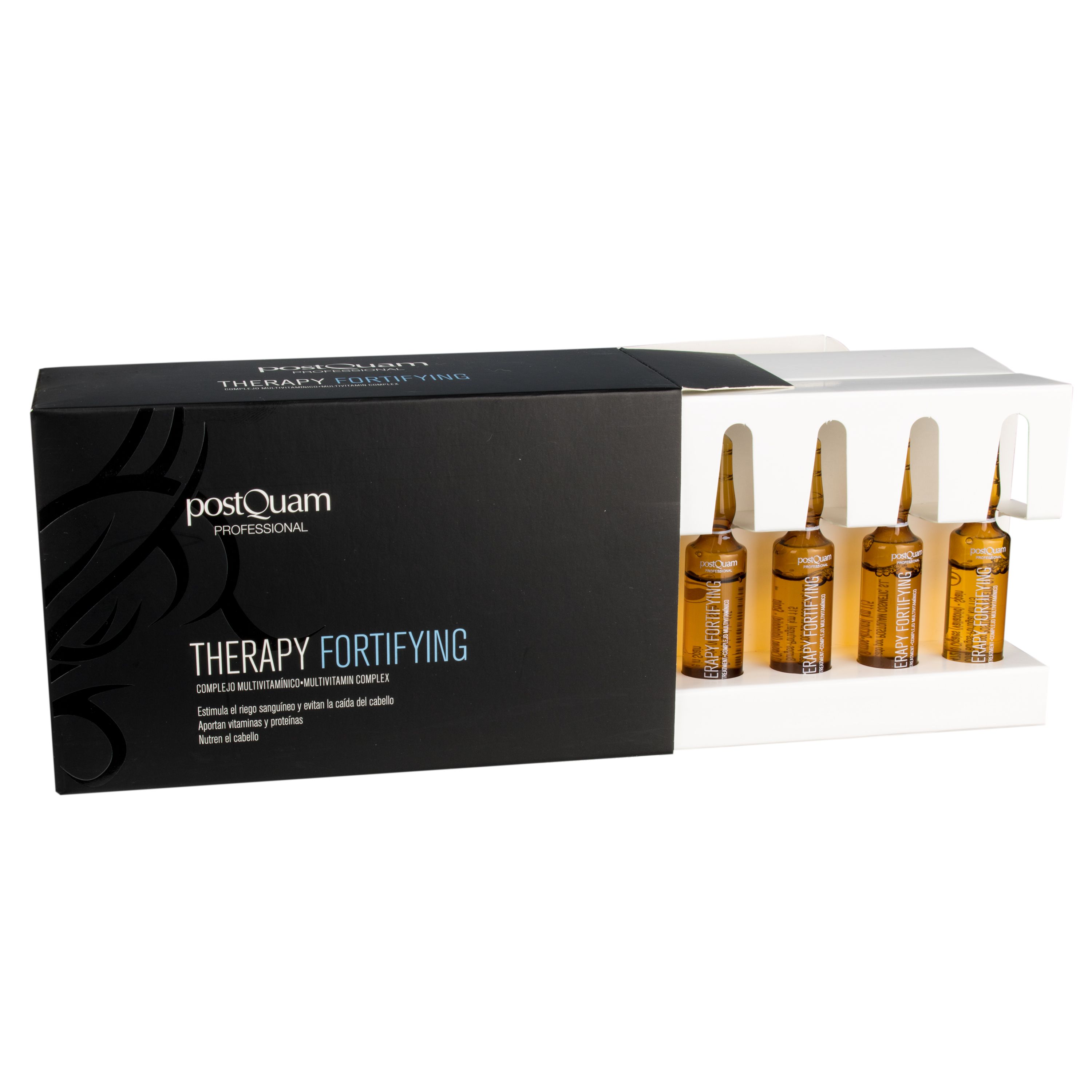 Scatola nera aperta con fiale. Scritta: Postquam Therapy Fortifying. Quattro fiale in un supporto.