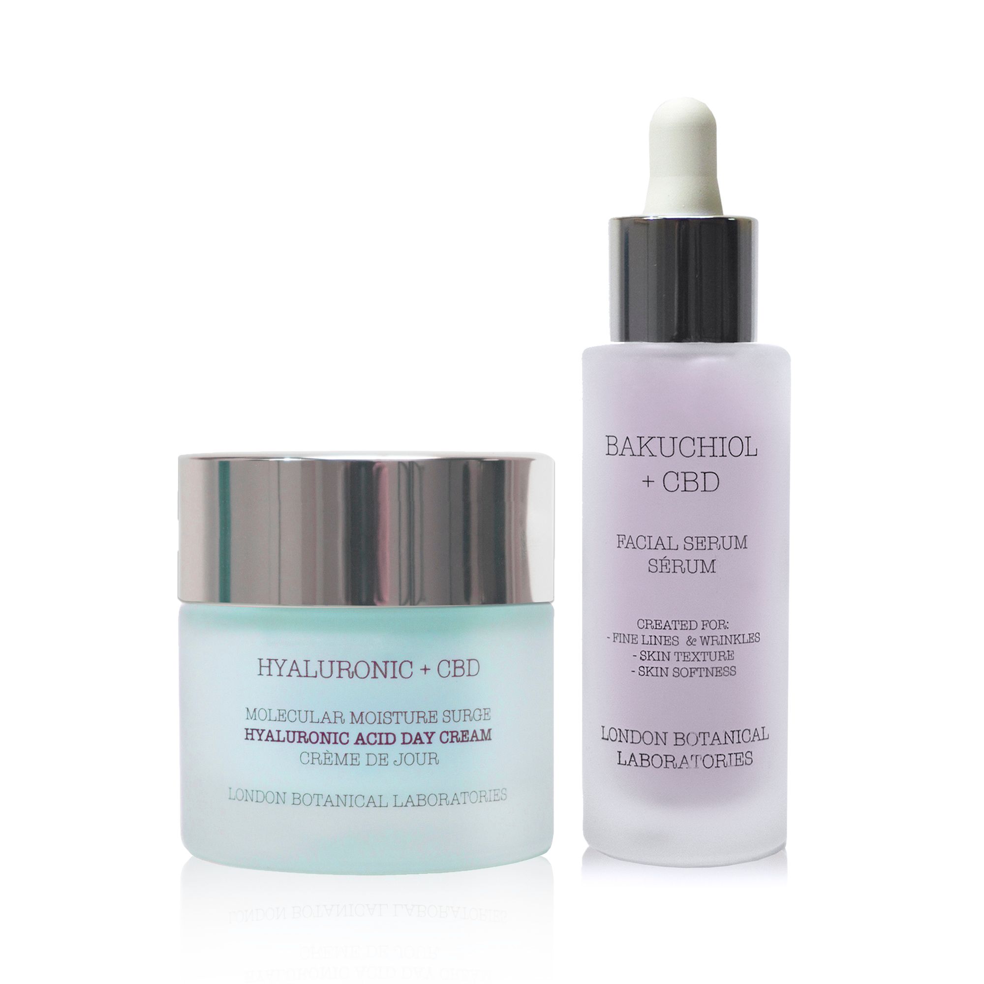 Crema e siero. Scritte: Hyaluronic + CBD, Bakuchiol + CBD. London Botanical Laboratories.