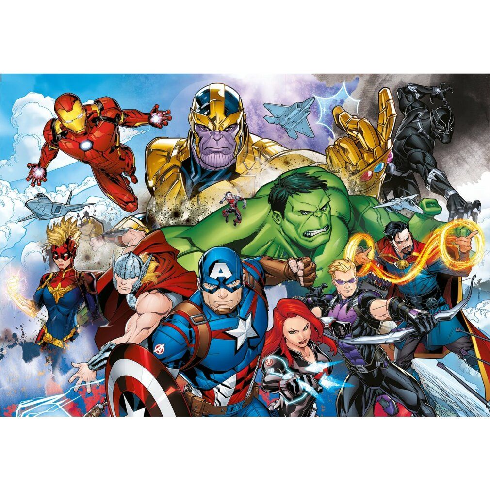 Puzzle con motivo Marvel Avengers. Rappresentazione di vari personaggi degli Avengers. Sfondo: cielo e nuvole. Nessun imballaggio visibile.