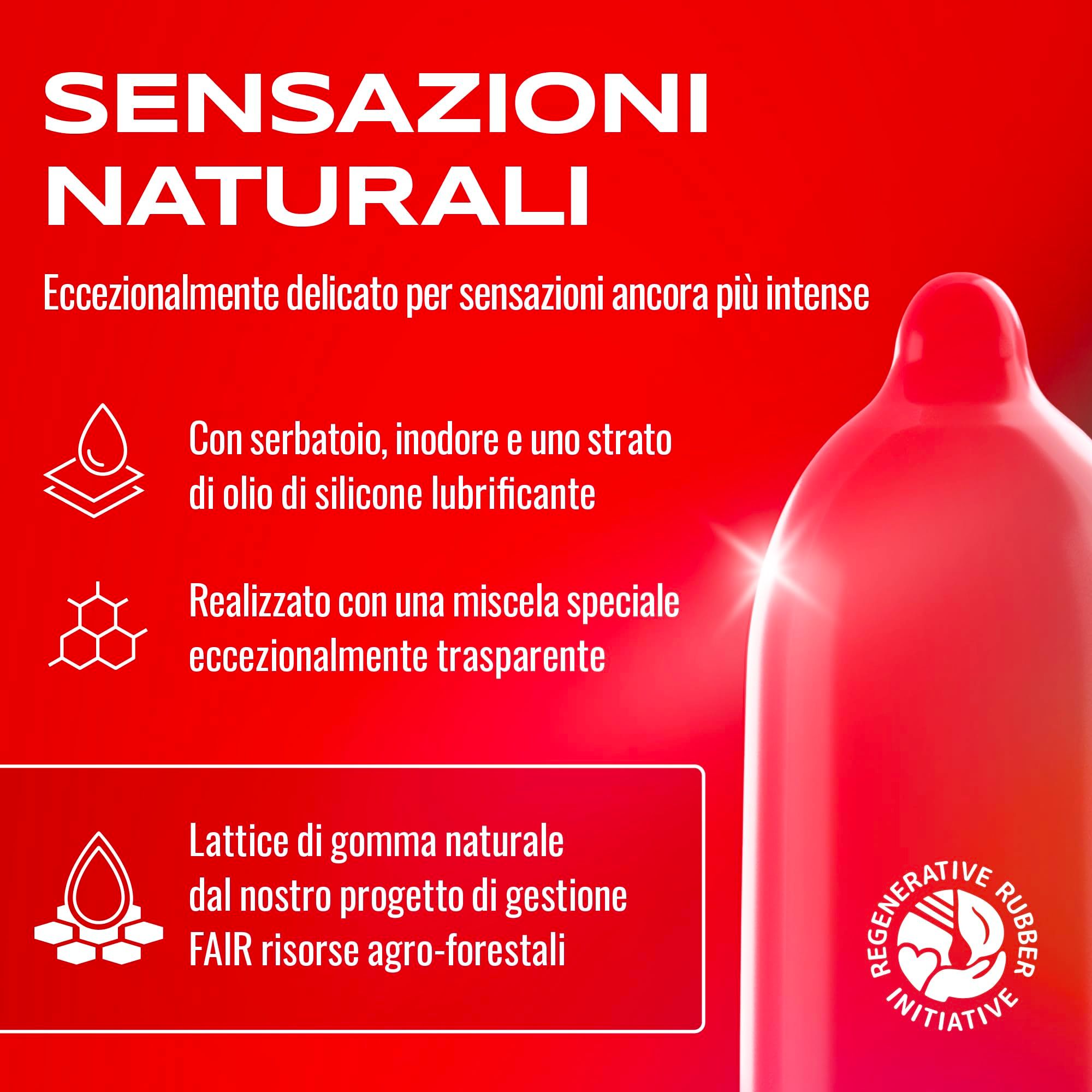Un preservativo trasparente con serbatoio. Testo: "Sensazioni naturali".