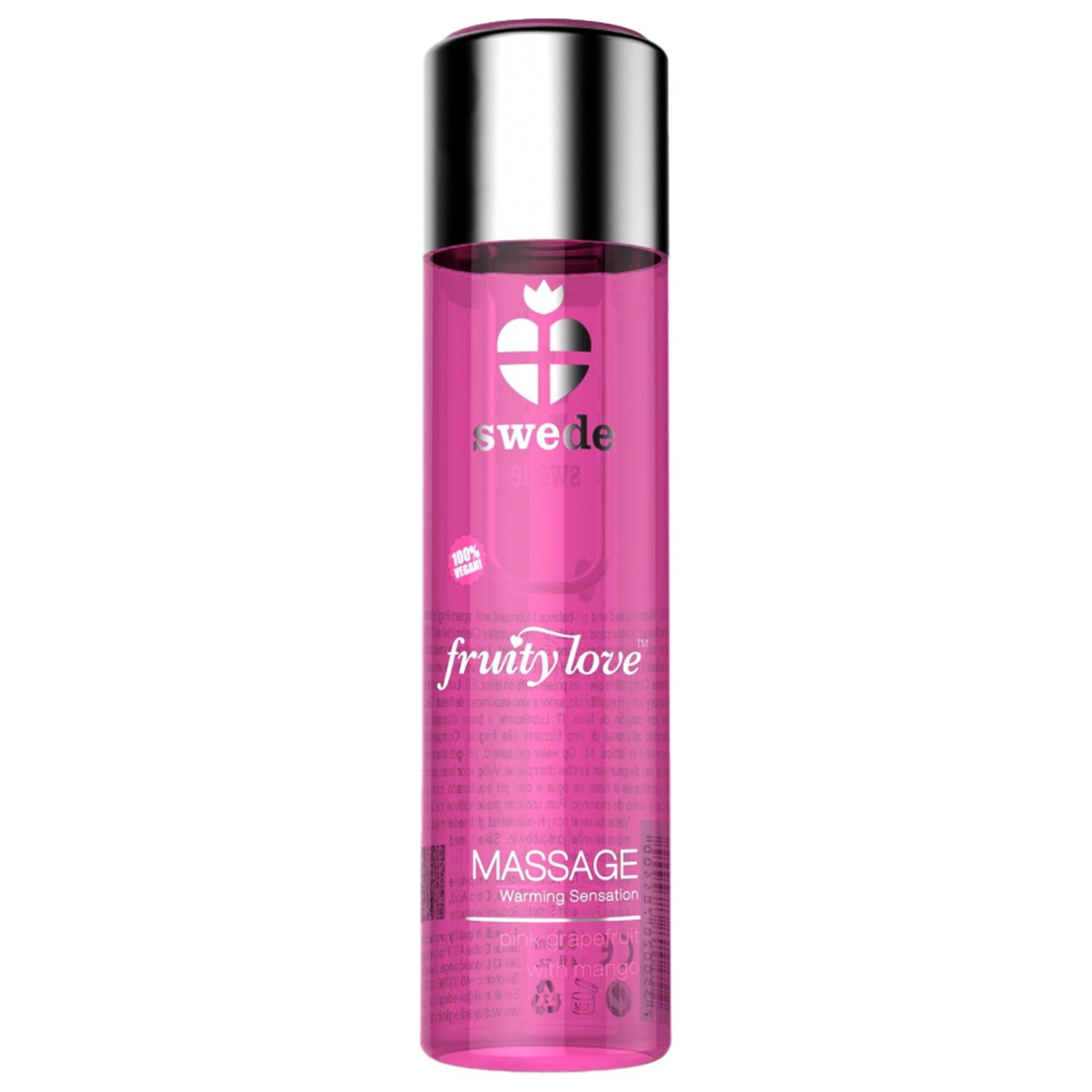 Flacone rosa con tappo argentato. Scritte: swede, fruity love, Massage. Prodotto trasparente.